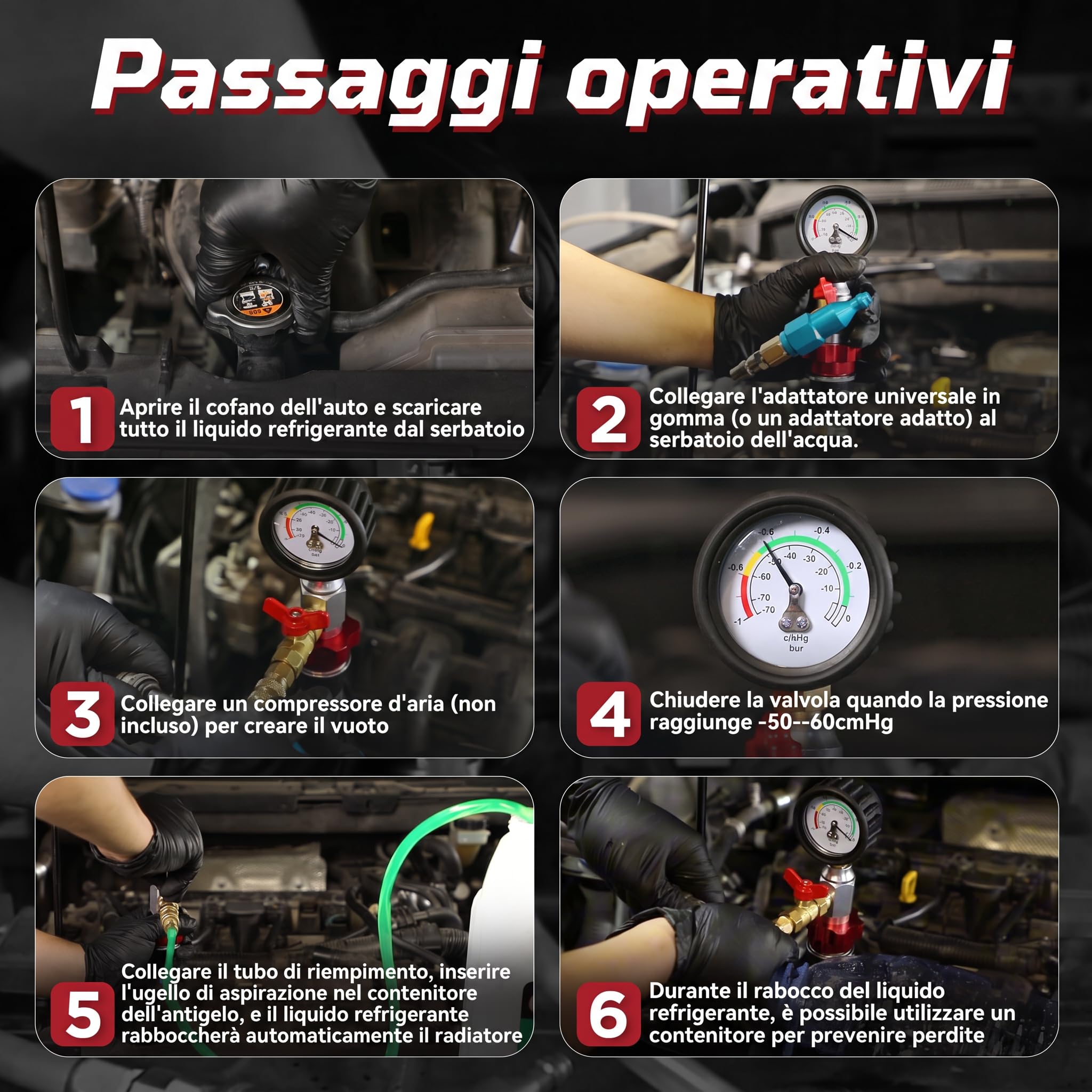 KAISAL Kit di sfiato e ricarica per liquido refrigerante per auto | Riempitore pneumatico antigelo con manometro, 5 adattatori di dimensioni per tutti i veicoli