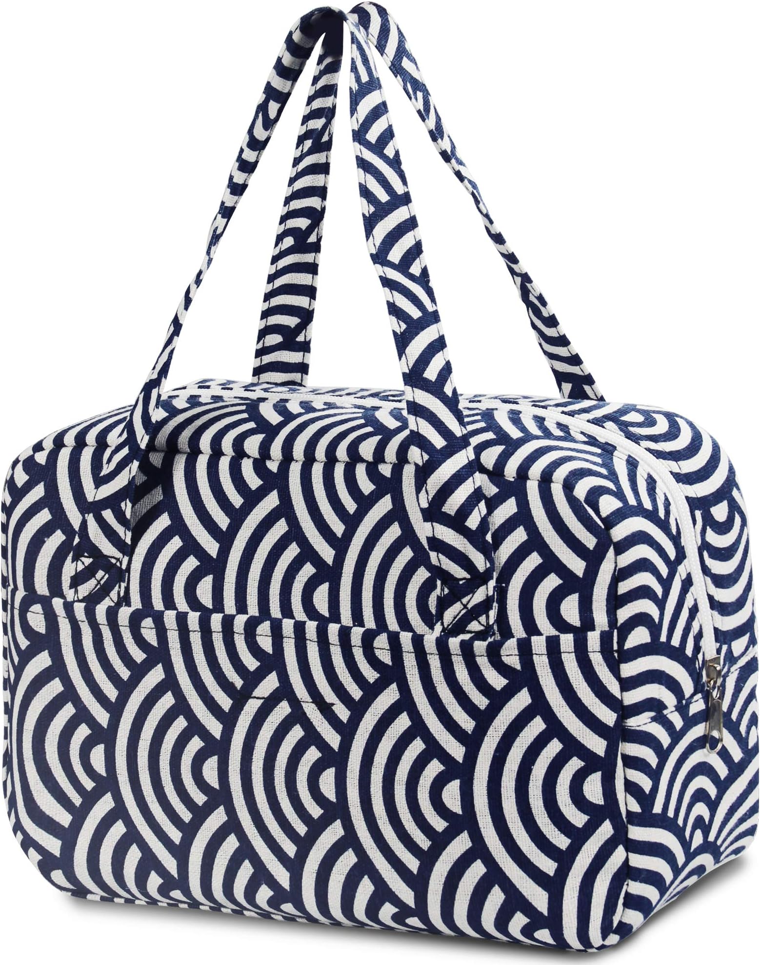 Lunch Bag for Women Men Kids Insulated Lunch Box, Reusable Cooler Tote Tiffin Handbag for Work Picnic Office Travel, Japanese Style Pattern Linen Cotton by Soundance, Scalloped Waves