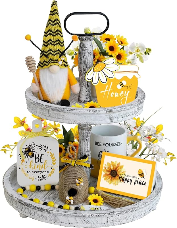 Bee Tiered Tray Decor Set, 6 Pcs Summer Farmhouse Decor with Gnome, Bee Hive, Sunflower Wood Signs & Garland, Rustic Countertop Kitchen Coffee Bar Decorations