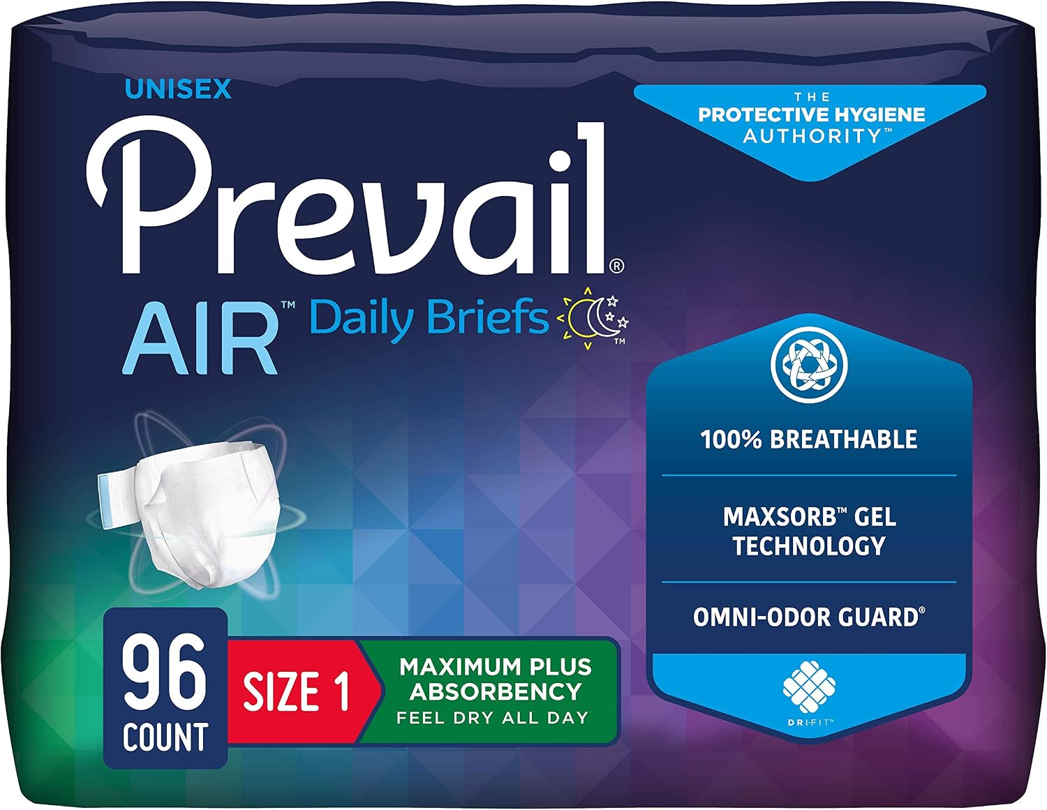 Prevail AIR Incontinence Briefs, Maximum Plus Absorbency, Size 1, 96 Count