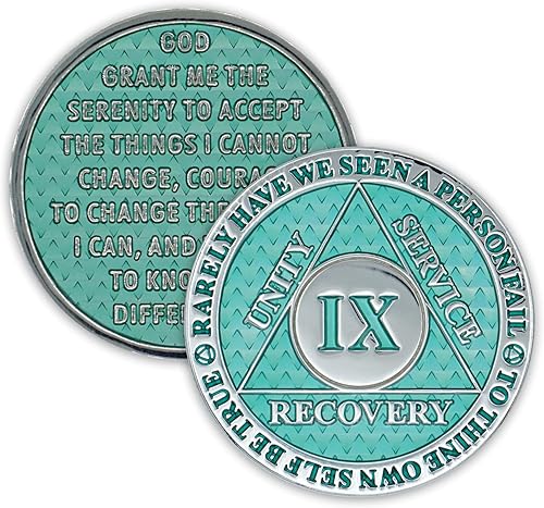 Moneda de sobriedad de 9 años  Chip AA Legacy  Ficha de aniversario de recuperación de triplaca gruesa (aguamarina)