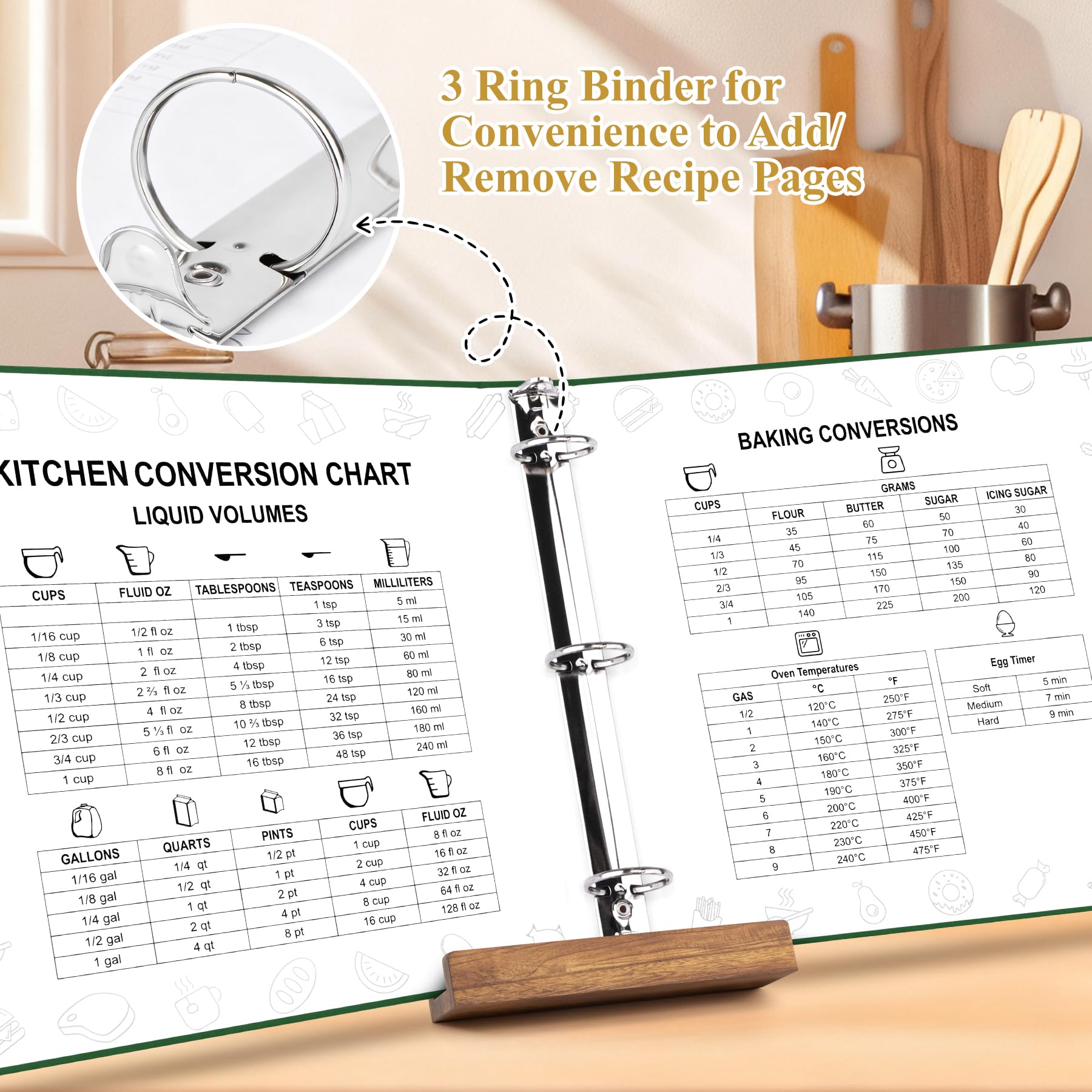 AKONEGE Raccoglitore per ricette 21,6 x 28 cm, set a 3 anelli, impermeabile, con 75 buste in plastica, 10 divisori, 100 biglietti per ricette, etichette e adesivi, libro di cucina con copertina rigida