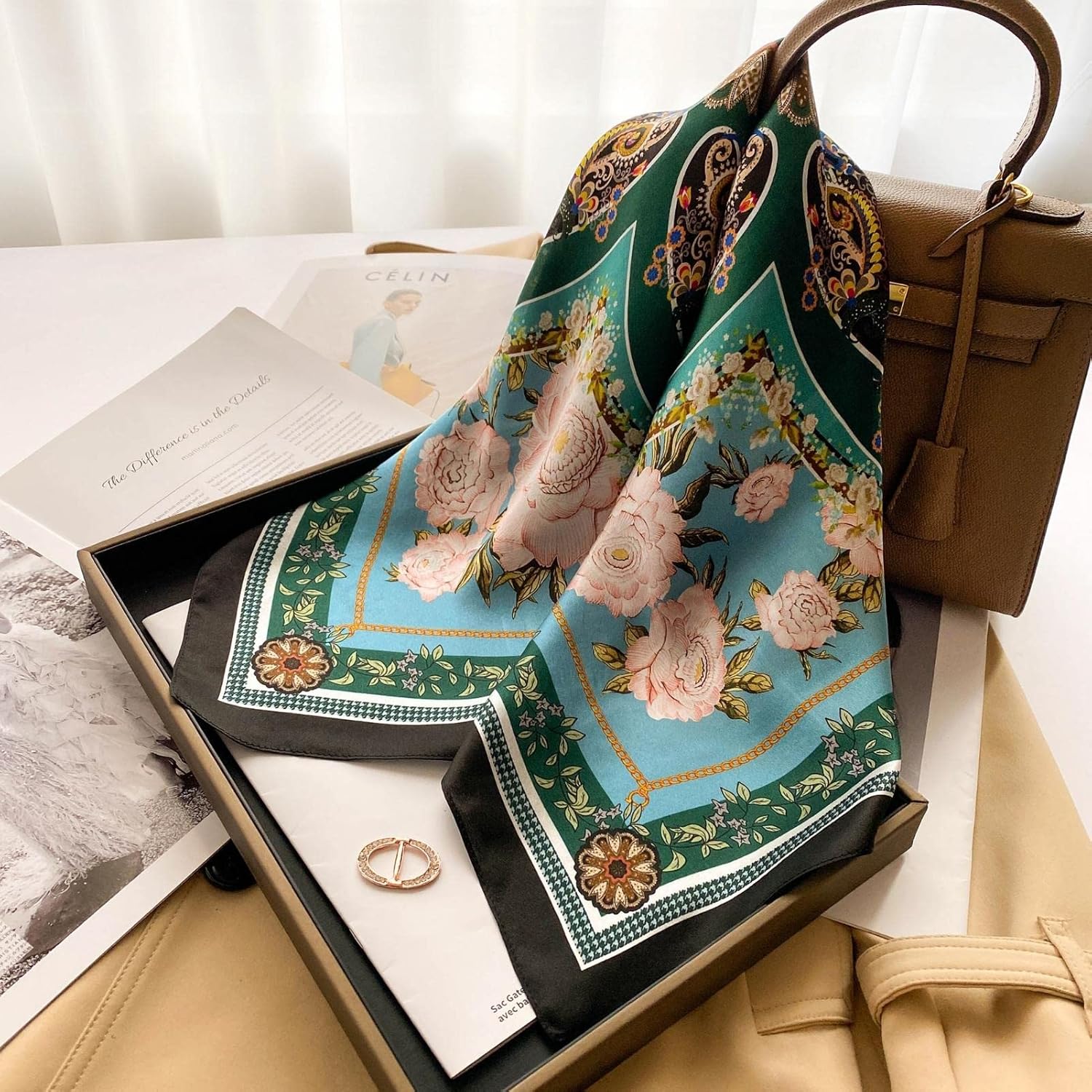 PoeticEHome 100% Pure Mulberry Silk Square Scarf 27"x27" Women Neckerchief Headscarf Gift Packed - Image 3