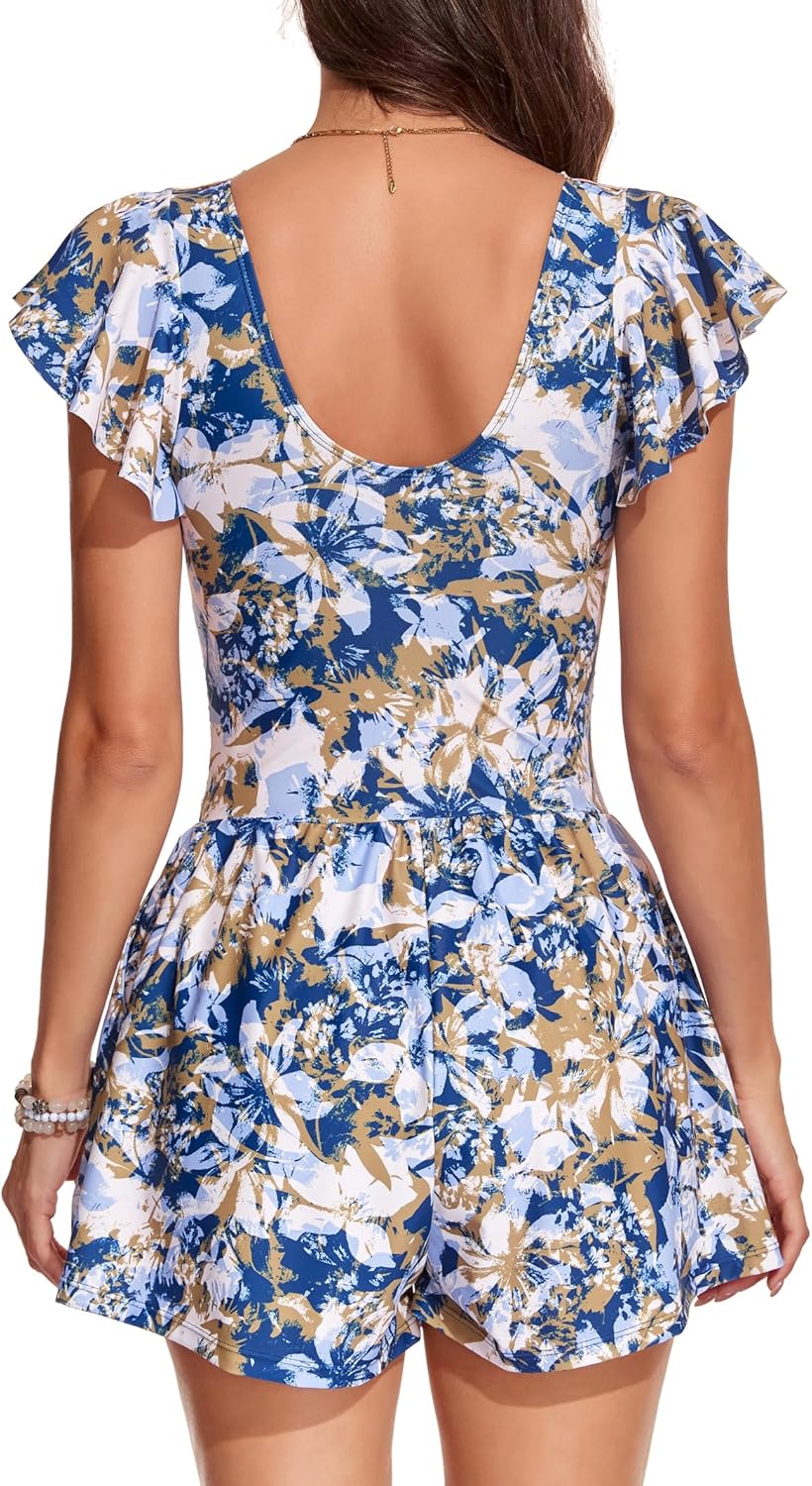 Smismivo Swim Romper Tummy Control Swismuit with Shorts Modest Boyleg Bathing Suit Ruffle Swim Suit Lace V Neck Swimwear - Image 2