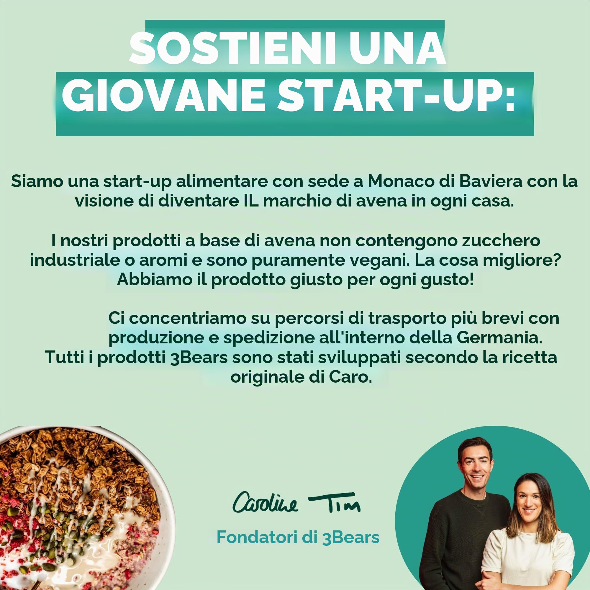 3Bears Granola – Crunch di avena | Granola croccante e vegana con fiocchi di cocco e cannella, 4 x 325 g | Senza zucchero industriale | In collaborazione con Sarah Harrison