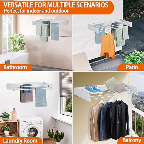 Miniatura 7 de FOCHIER F Estante de secado de ropa para colgar en la pared, plegable, con 5 varillas de aluminio y plantilla de perforación, punta de