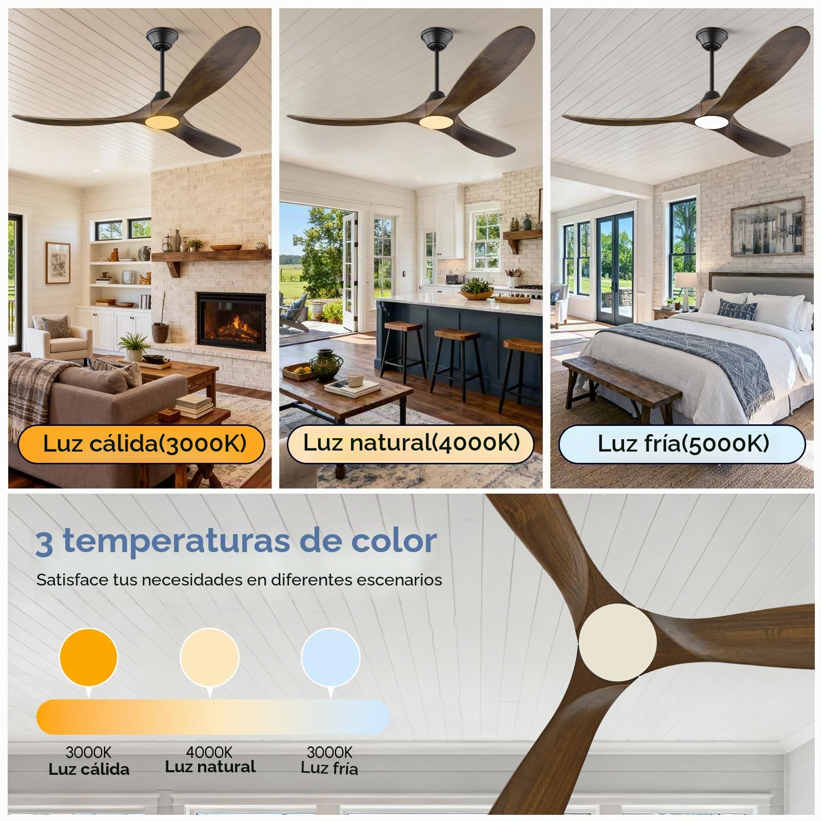 Ventilador de Techo de 178 cm con Luz y Control Remoto, 3 Aspas de Madera Maciza, Motor de CC reversible silencioso,Adecuado para dormitorios grandes, salas de estar, balcones y porches cubiertos