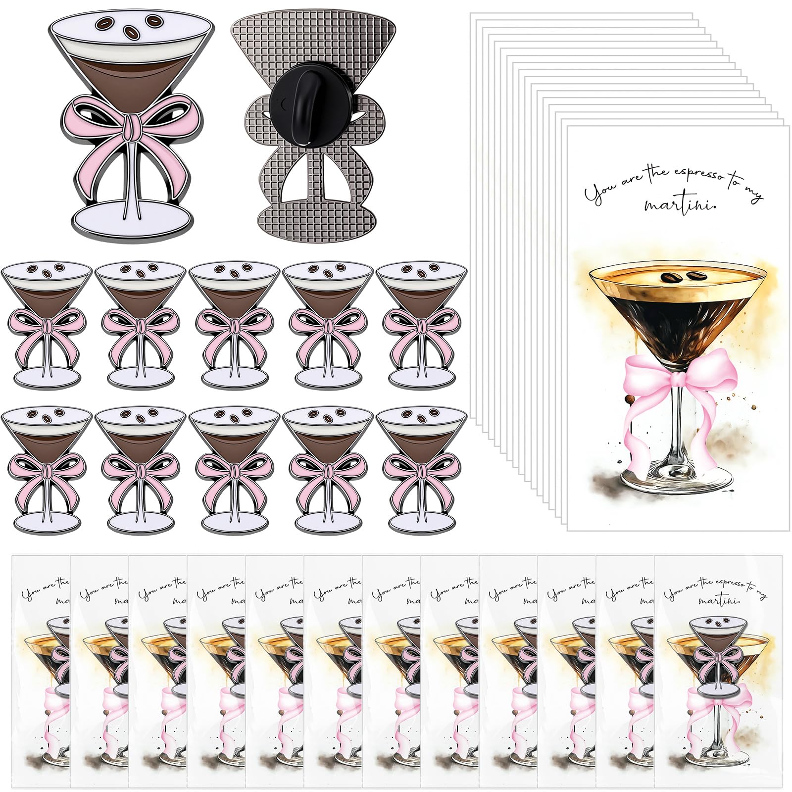 Ferreve 15 Set Espresso Martini Gift Pink Bow Espresso Martini Lapel Pins Cards Bags a Tini Bit Older Favor for Coquette Bachelorette Birthday Coffee