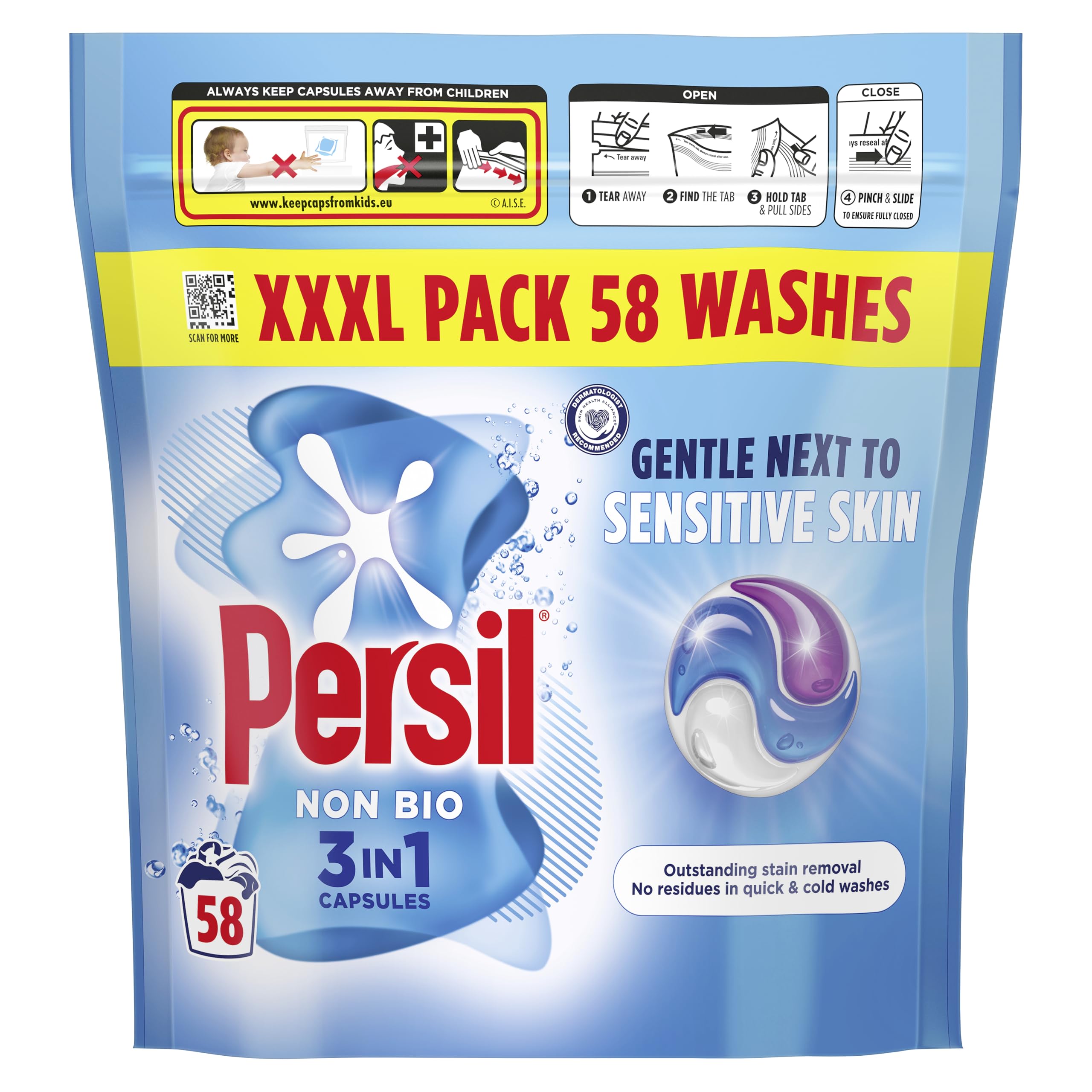 Persil Non Bio 3 in 1 Washing Capsules laundry capsules gentle next to sensitive skin for outstanding stain removal in quick & cold washes 58 washes - 1