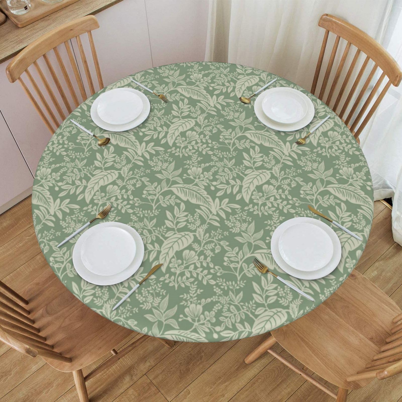 PURKCUYERT Ferns Sage Green Round Fitted Table Cloth Cover, Elastic Tablecloth for Round Tables, Fits 40" - 44" Tables, Small