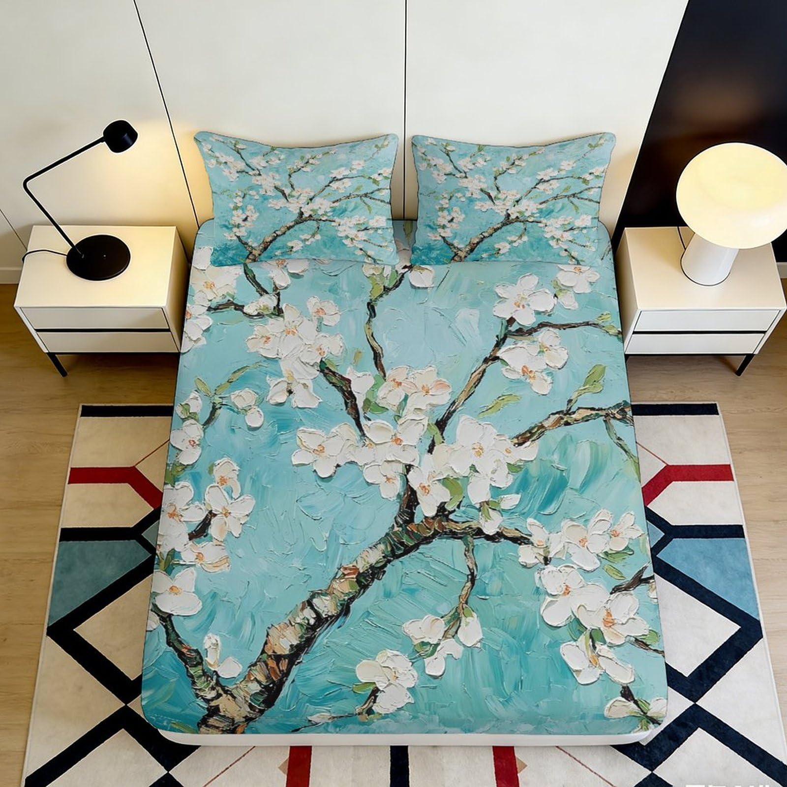 Uynsixtme Style-1 3D Printed Sakura Branch Fitted Sheet Microfiber Deep Pocket Non-Slip Sakura Mattress Fitted Cover For Home Bedroom 90X200x25cm