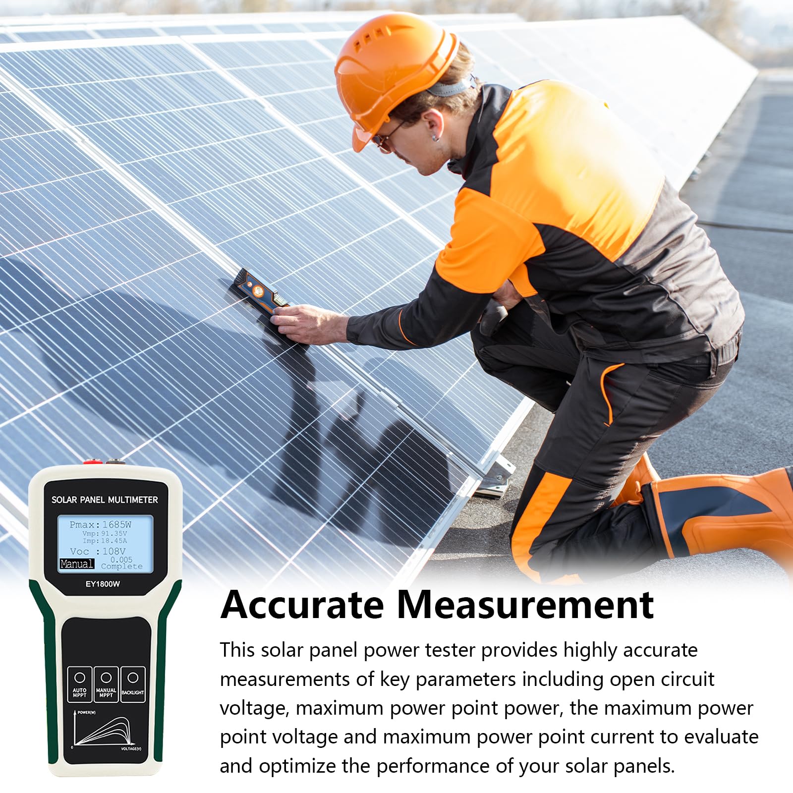 Probador De Paneles Solares, 1800W Multímetro Fotovoltaico Medidor Solar Mppt Con Pantalla Lcd Ultra Clara Gran Tamaño Detección Automática/Manual Mide Voltaje Circuito Abierto Punto Máxima Potencia