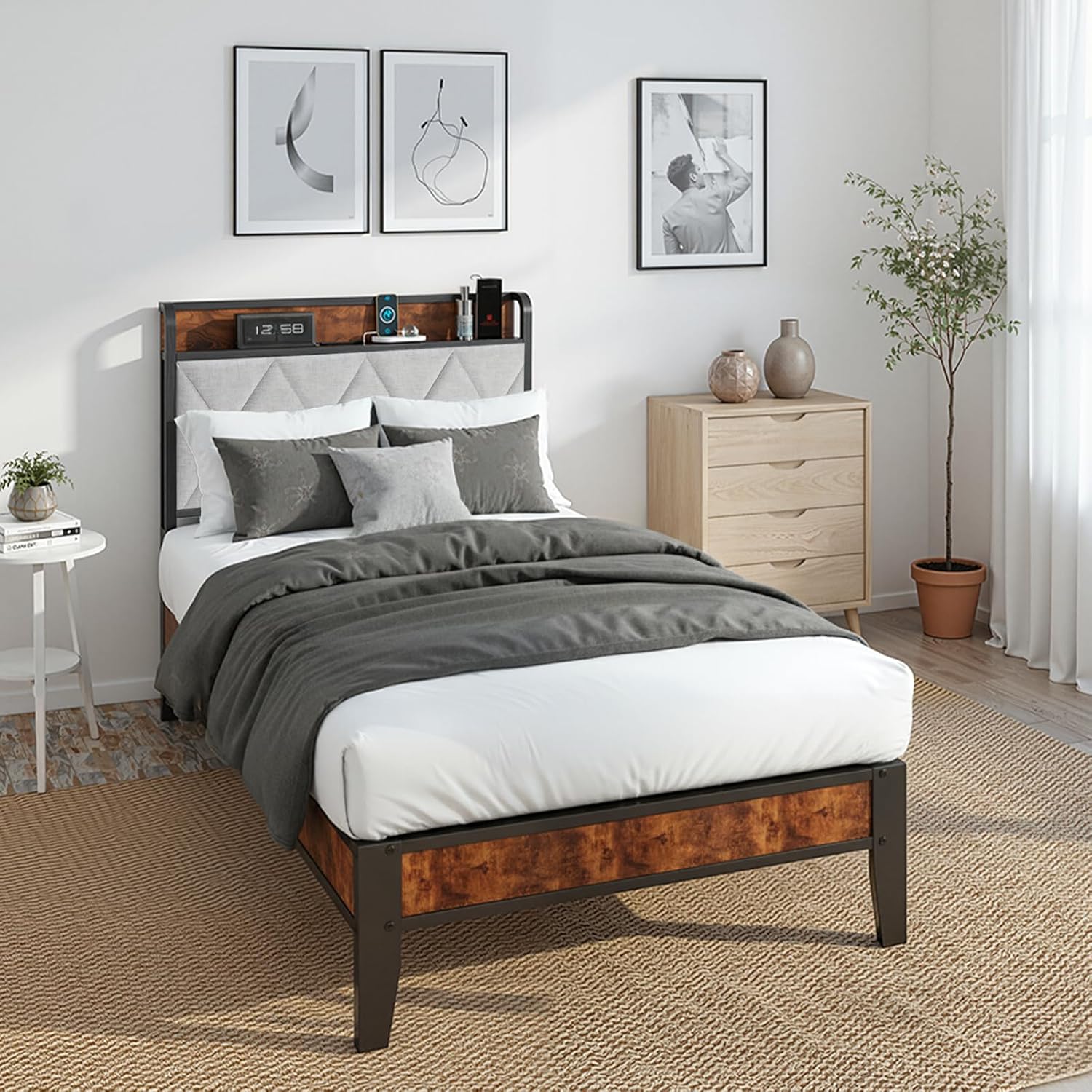 Simple Deluxe Twin Bed Frame with Storage Headboard, Built-in USB Charging Station, Durable Squeak-Free Design, No-Tool Easy Assembly, No Box Spring Needed