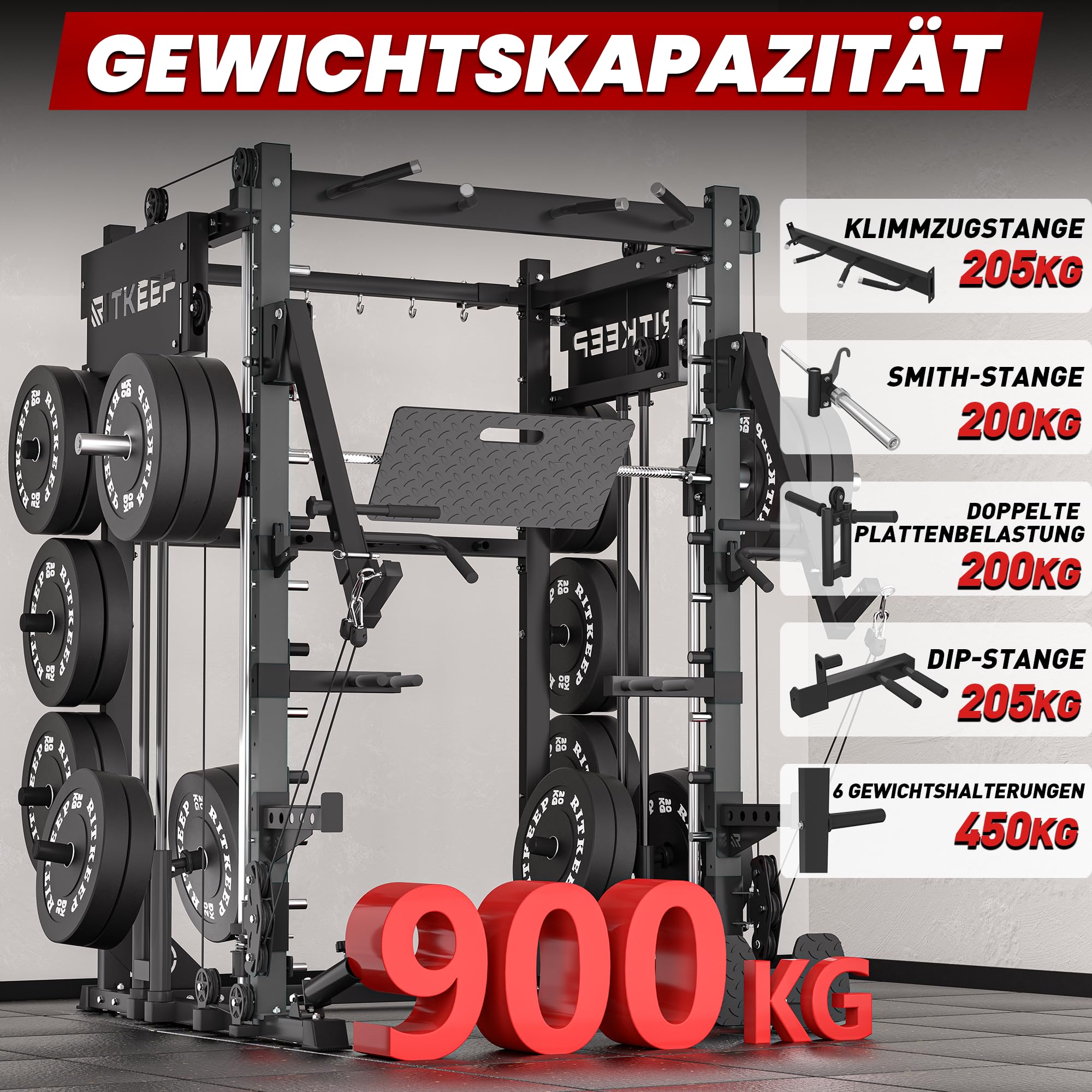 Smith Machine mit Jammer Arms, Beinpresse-Board und Bank – RitKeep PMAX-4750, duales scheibenbeladenes Fitnessgerät mit einstellbarem 1:1- & 2:1-Flaschenzugsystem