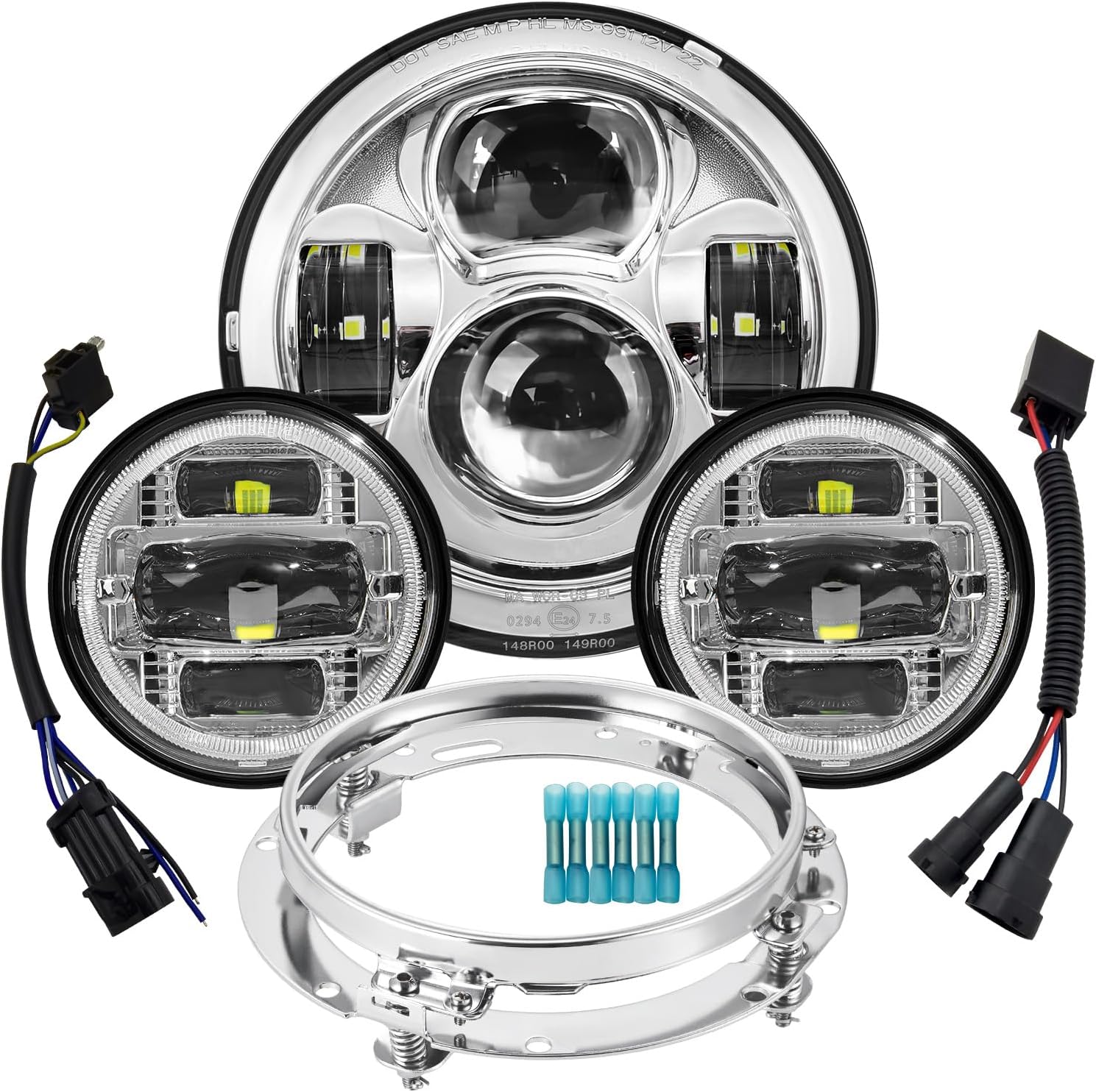 Chrome 7" inch LED Headlight Fog Passing Lights Motorcycle Lamp Compatible with Harley Davidson Touring Road King Ultra Classic Electra Street Glide Tri Cvo Heritage Fat Boy Softail