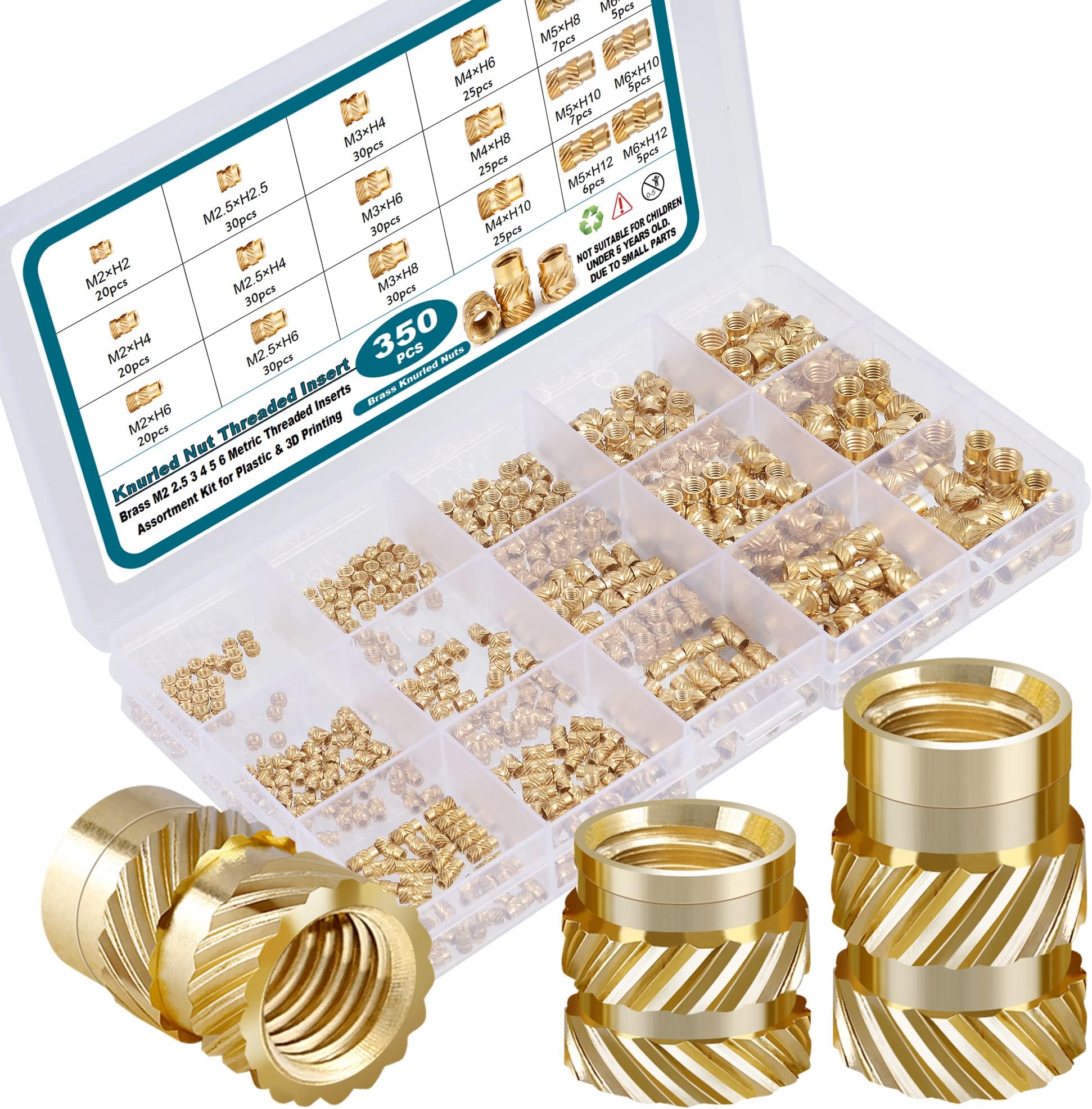 SATANTECH 350Pcs Threaded Inserts M2 M2.5 M3 M4 M5 M6 Female Thread Metric Knurled Nuts Assortment Kit Brass Insert Heat Set For Plastic And 3D Printing Components