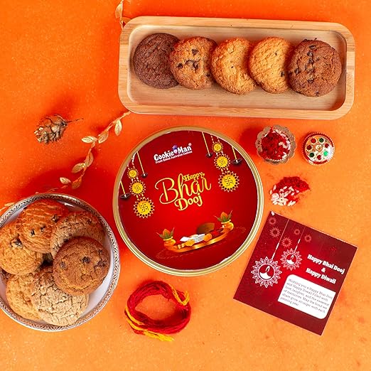 Cookieman Bhai Dooj Gift Hamper with Assorted Cookies | Gift Combo with Roli, Tika, Chawal, Moli Thread, Bhai Dooj Greeting Card | Bhai Dooj Tikka Gift Set for brother
