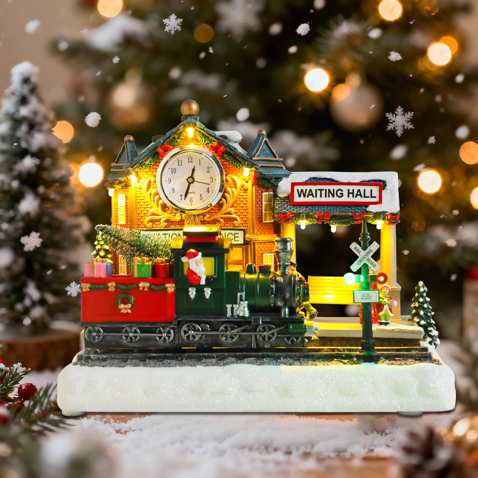 WONDER GARDEN Weihnachtshäuser, Weihnachtsdorfhaus, Dorf, beleuchtete Musik-Bahnhofs-Sammelgebäude mit beweglichem Zug, für Zuhause, Innendekoration oder Geschenk