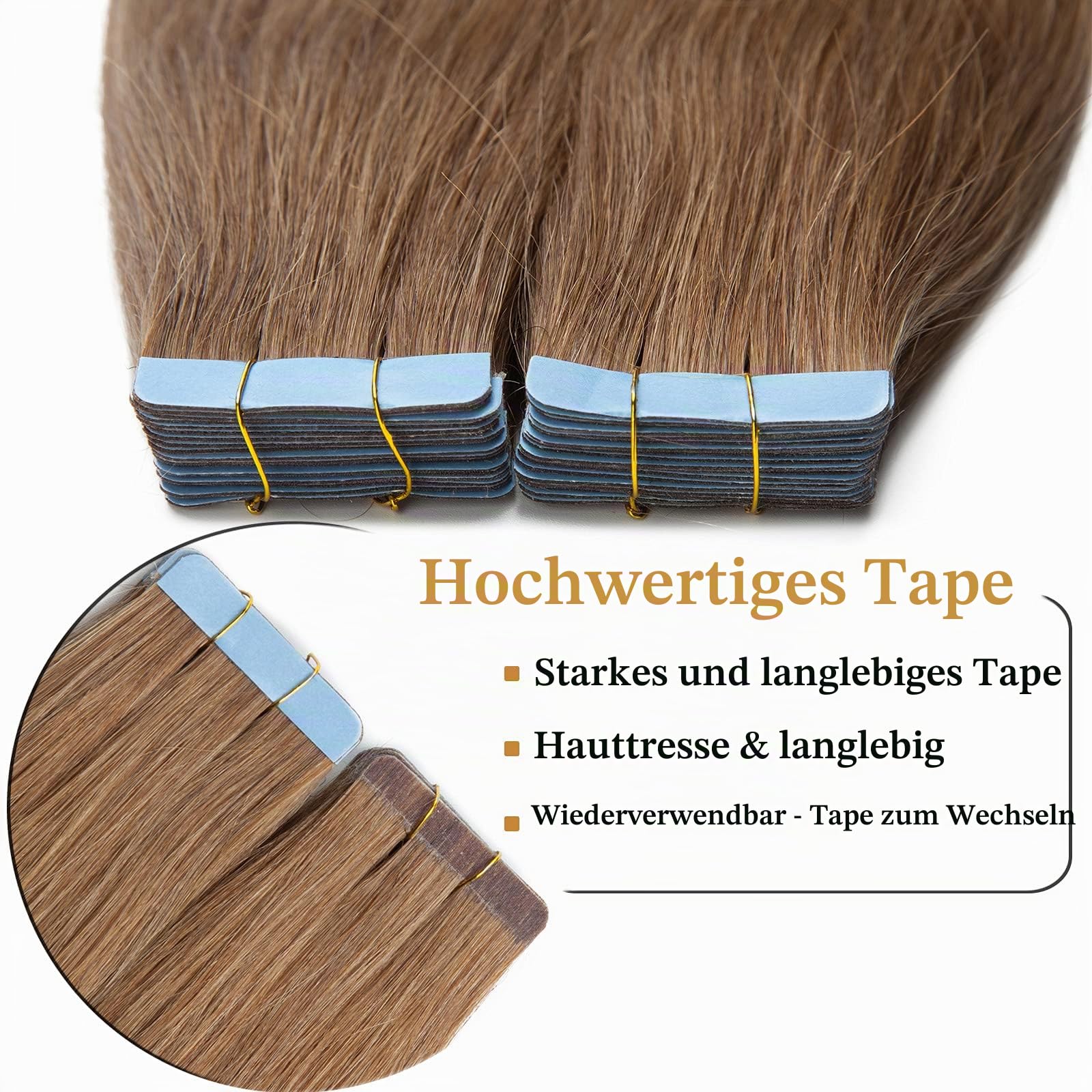 SEGO 40 Stück Tape in Extensions Echthaar Klebeband Haarverlängerung 100% Remy Human Haar Haarteil (+10 Tressen free tapes) 40 cm Hellbraun#6-2