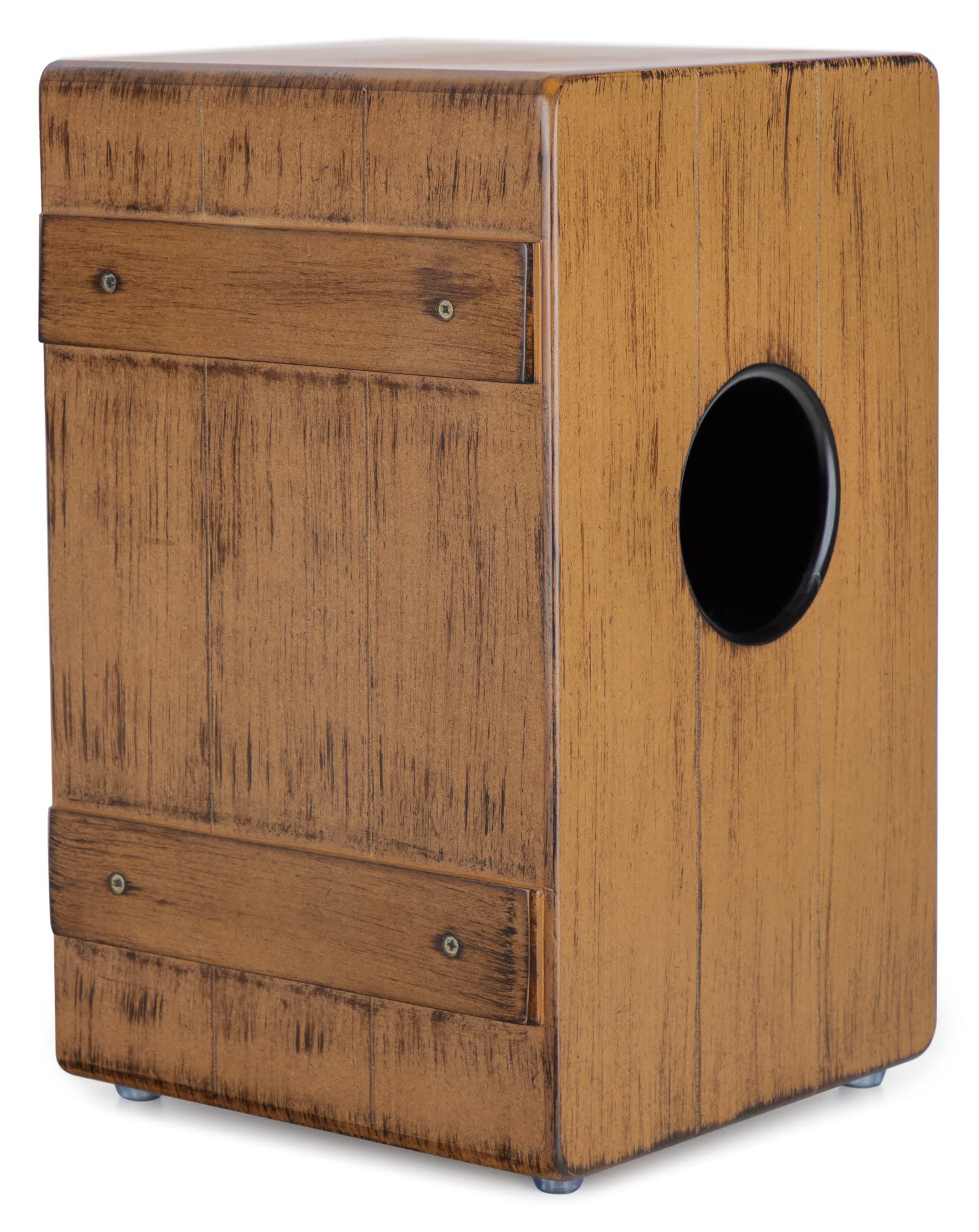 XDrum Design Series Cajon “Coffee” Set - Designer-Cajon mit Vintage-Aufdruck - Integrierter Bass Port - Korpus aus HPL in Bananenkisten-Optik - Snare-Effekt - inkl. Tasche und Cajon-Schule