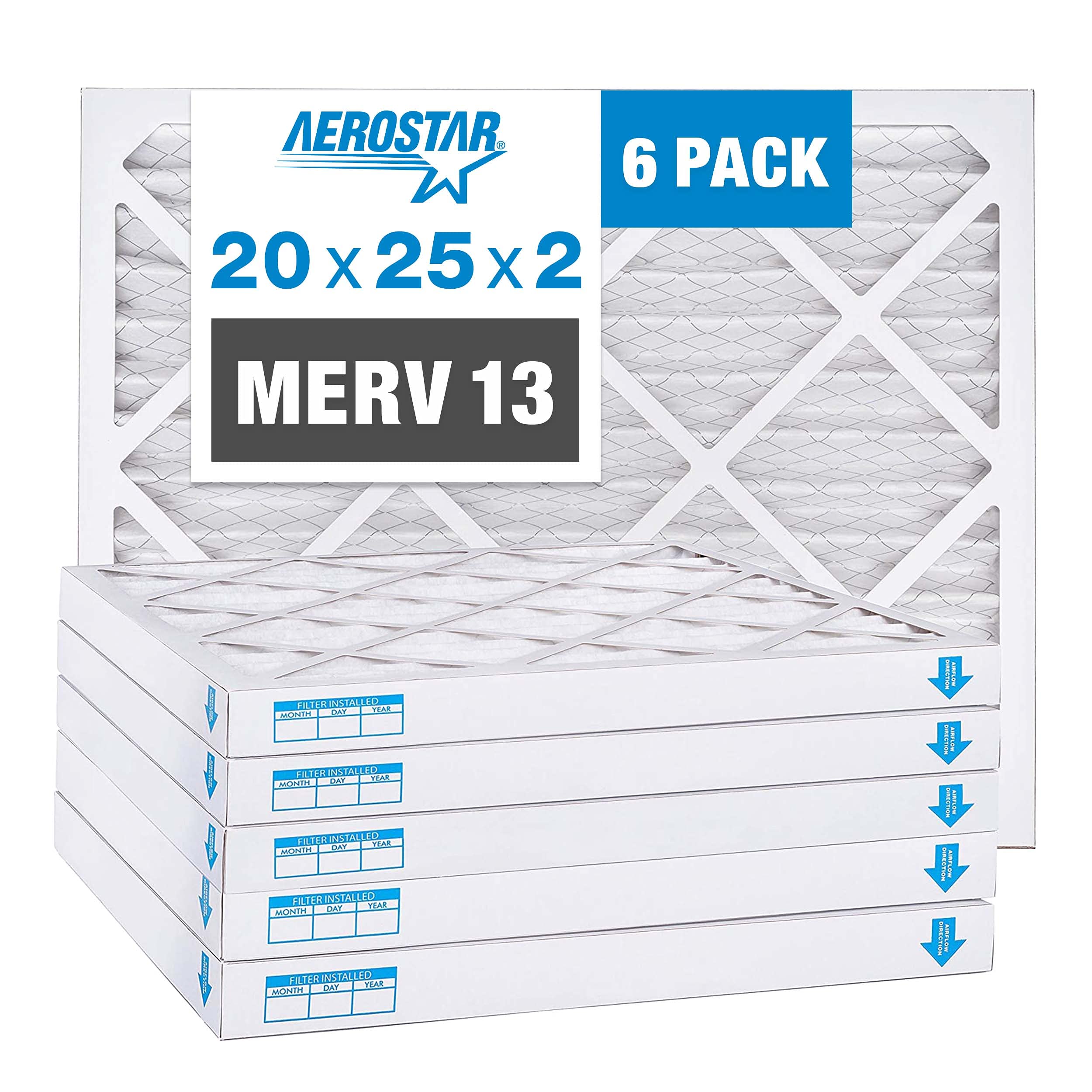 Aerostar 20x25x2 MERV 13 Pleated Air Filter, AC Furnace Air Filter, 6 Pack (Actual Size: 19 1/2" x 24 1/2" x 1 3/4")