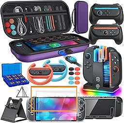 Switch 2 Zubehör, [Lade innen] Tasche Bundle für Nintendo Switch 2 Konsole (2025), FYOUNG 23-in-1-Set: Tragetasche, Controller-Ladestation, Schutzhülle, Griff für Joy Con, Lenkrad(Violett)
