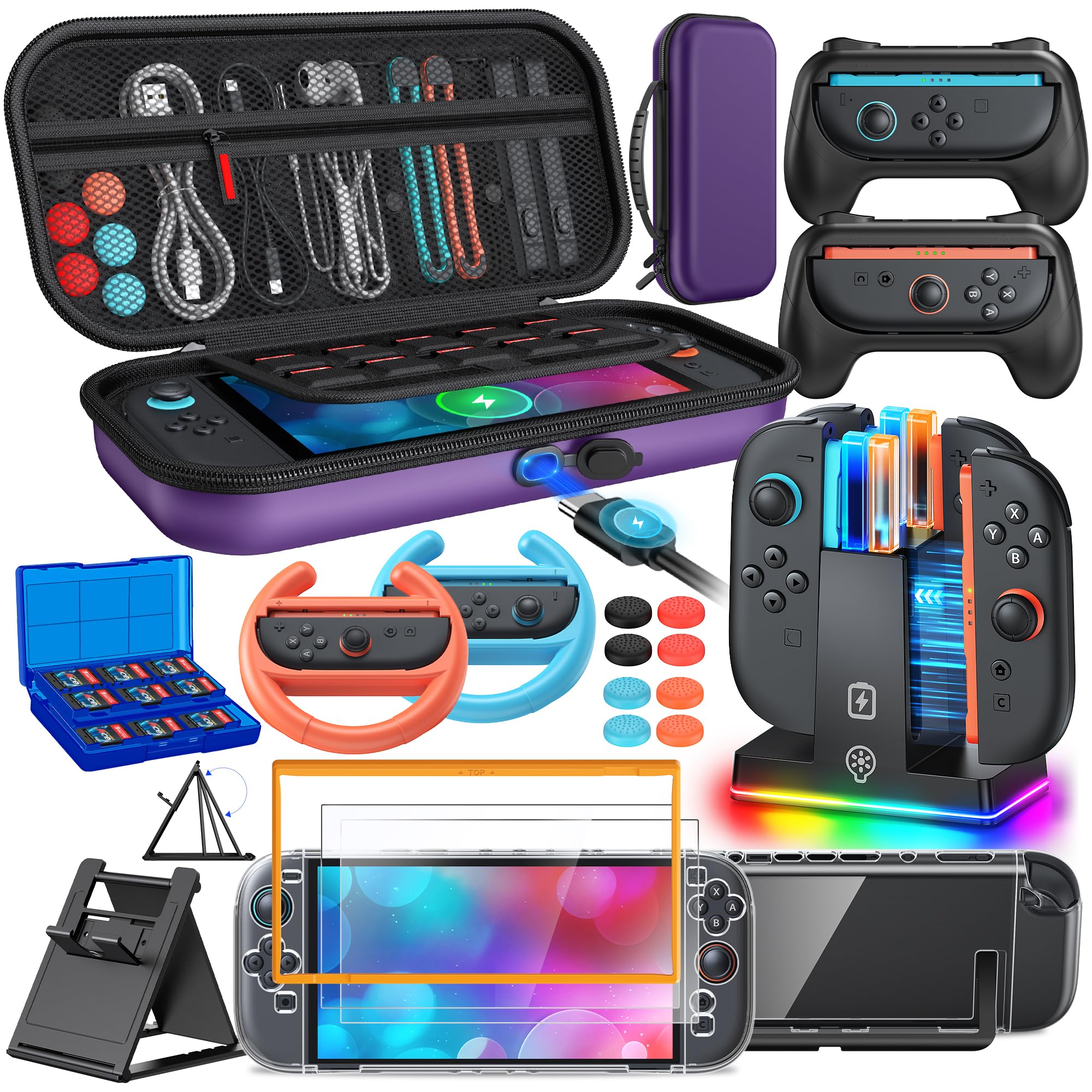 Switch 2 Zubehör, [Lade innen] Tasche Bundle für Nintendo Switch 2 Konsole (2025), FYOUNG 23-in-1-Set: Tragetasche, Controller-Ladestation, Schutzhülle, Griff für Joy Con, Lenkrad(Violett)