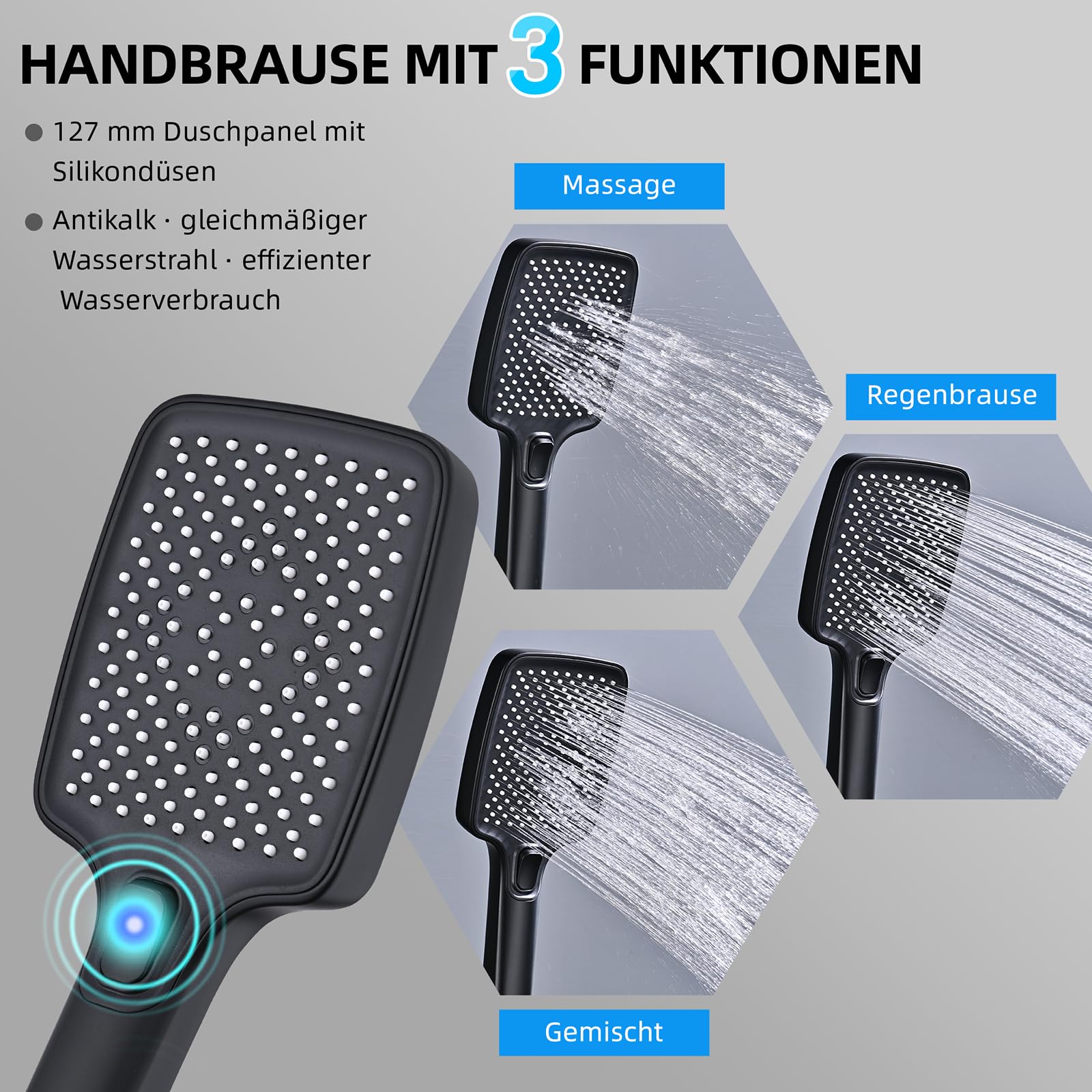 HOMELODY Duschsystem mit Thermostat Schwarz 30 cm Regendusche | 3 Strahlarten Handbrause, Duscharmatur Edelstahl Regendusche mit Armatur, Duscharmatur Komplettset, Duschset