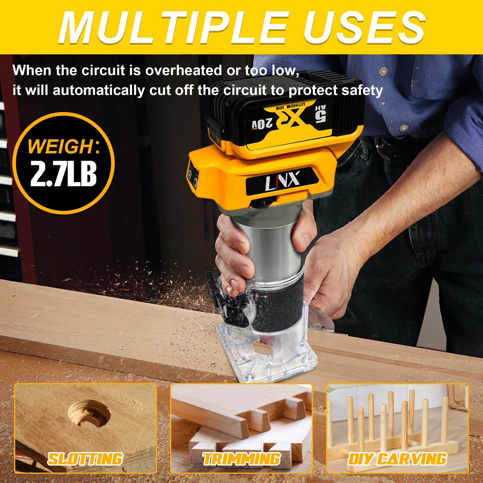 Router de madera inalámbrico de 800 W compatible con batería Dewalt de 20 V, L1NXIXI 30000 RPM sin escobillas para acoplar 15 brocas de enrutador de 0.25 pulgadas, enrutador de corte manual de 6