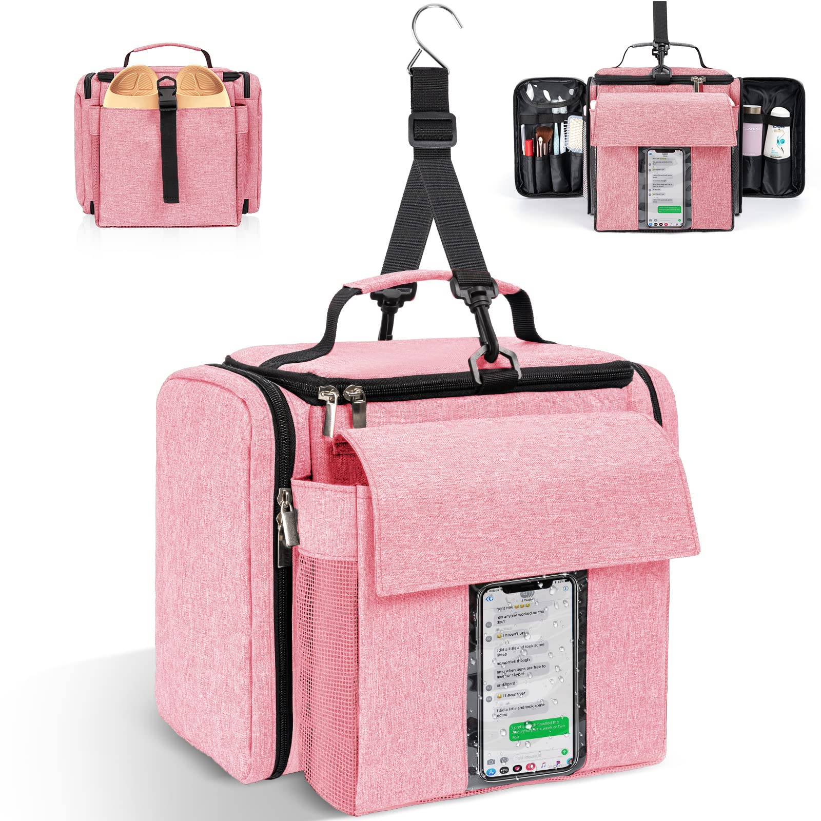 Large Capacity Shower Caddy Tote Bag,Portable Shower Caddy for College Dorm Travel,Gym, Camp,Separate Compartment, Large Capacity,Hanging Travel Toiletry Bag for Men,Women,College-student (Pink)