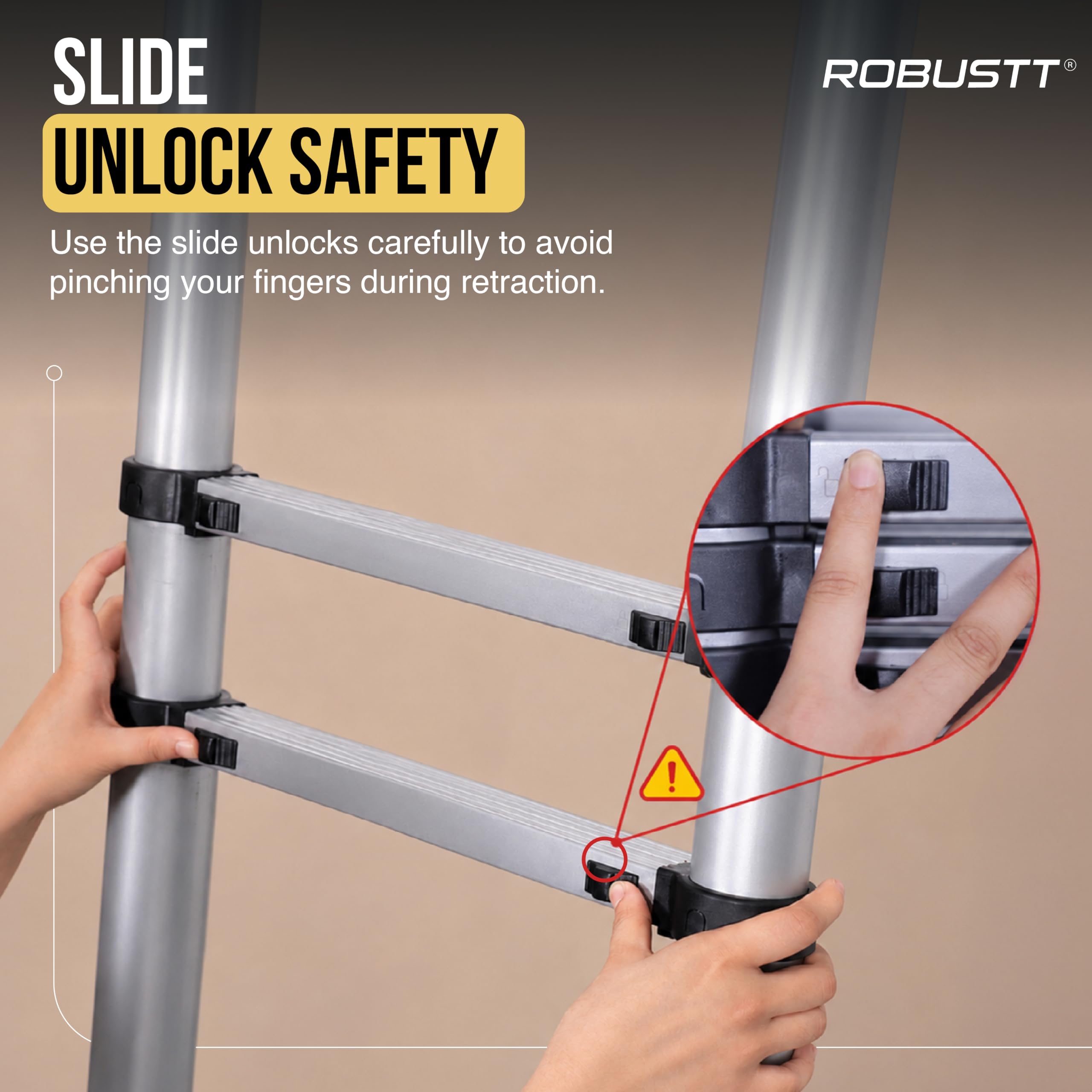 Robustt 12.5 FT / 380 Cm Telescopic Folding Ladder | 150 kg Load Capacity| Locking Steps| Collapsible | Portable Ladder for Home, Construction and Outdoor use | 2 Years Warranty — Amazon image 8