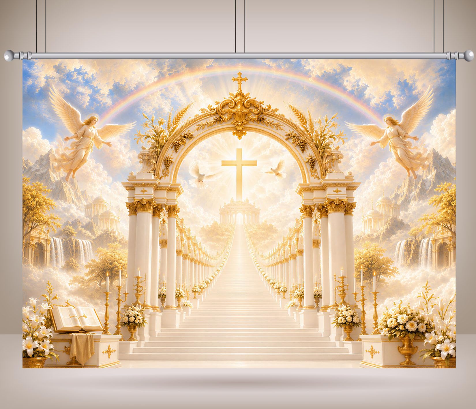 10x8FT (3x2.5m) Porta Del Cielo Arcobaleno Sfondo Fotografico | Arco Angelico Fondale In Tessuto Resistente,Portale Dorato Arcobaleno E Cascate,Feste Religiose,Personalizzabile,Photo Booth