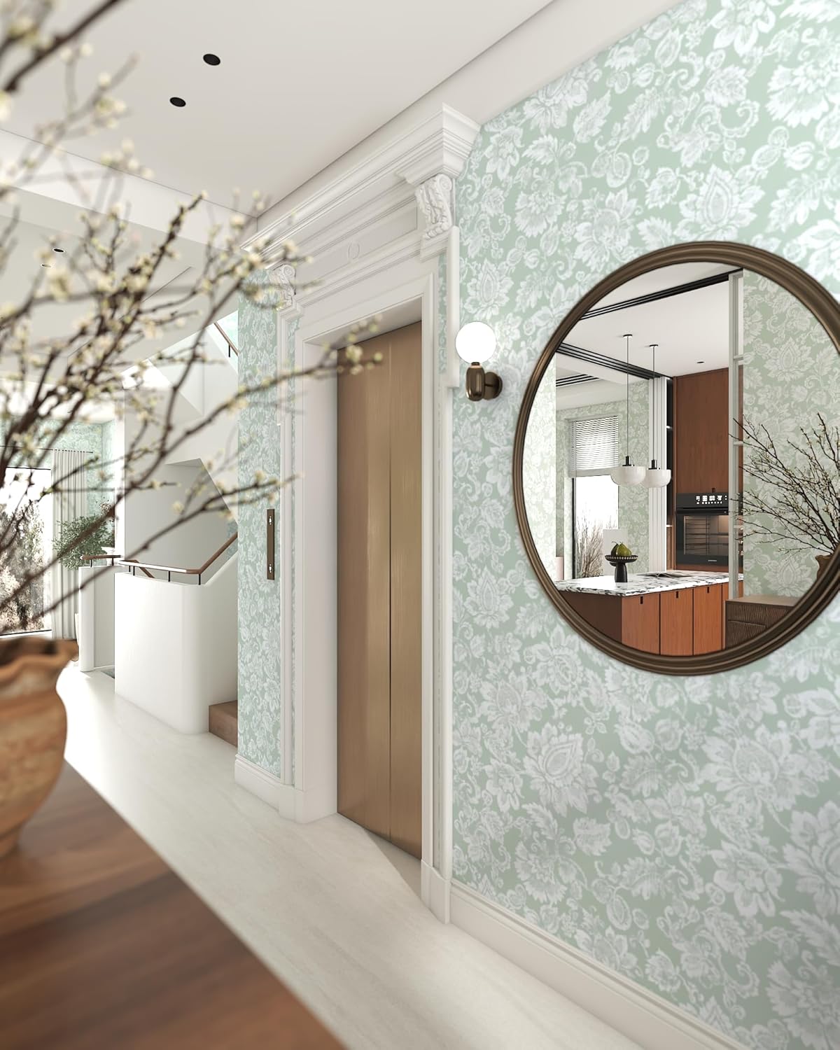 Theper Green and White Floral Peel and Stick Wallpaper Modern 17.3"×78.8" Floral Wall Paper Removable Self Adhesive Wallpaper for Bedroom Bathroom Green and White Contact Paper Home Decor Vinyl Roll