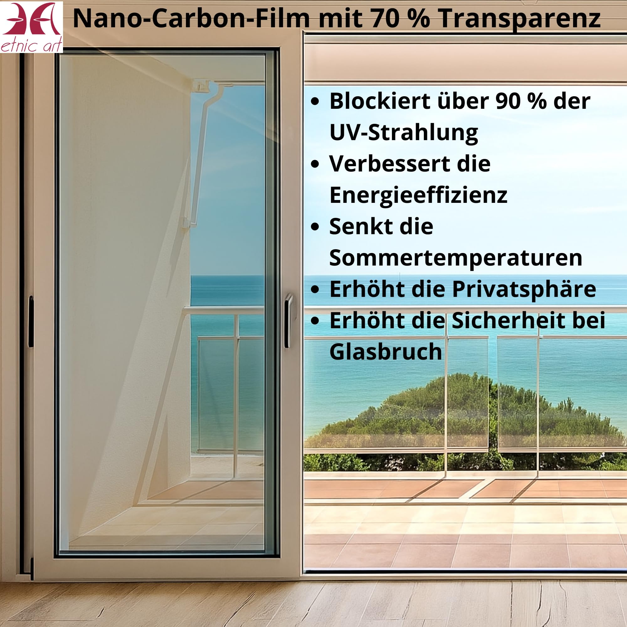 Sonnenschutzfolie für Fenster, wärmeisolierend, große Abstufungen, professionelles Nano-Carbon, verdunkelnd, Anti-UV, thermische Effizienz, Privatsphäre, Hitzekontrolle, selbstklebend (Transparent-70%