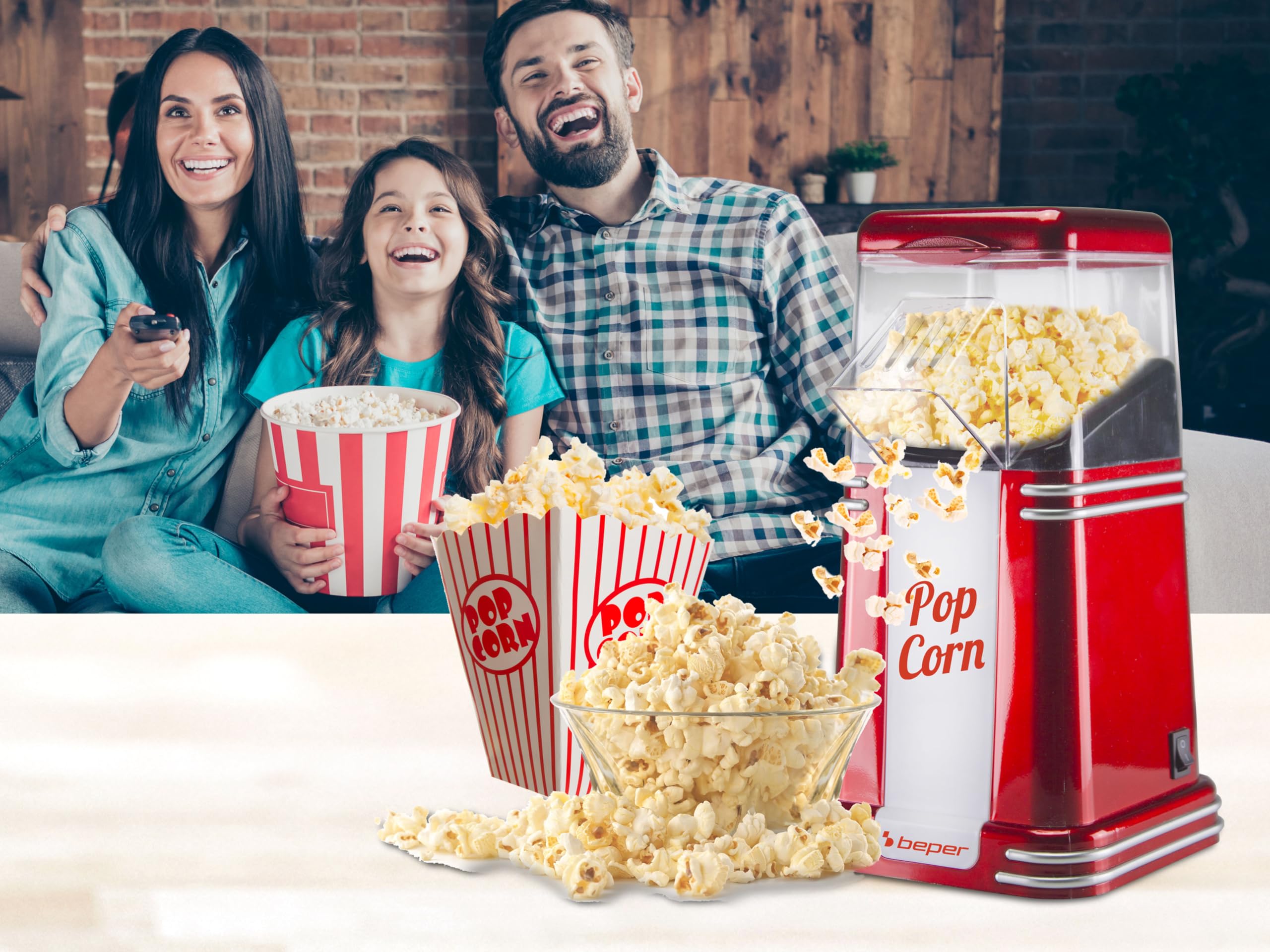 BEPER 90.590Y maszyna do popcornu, 3 minuty, beztłuszczowa, cyrkulacja gorącego powietrza, moc 1200 W, czerwona