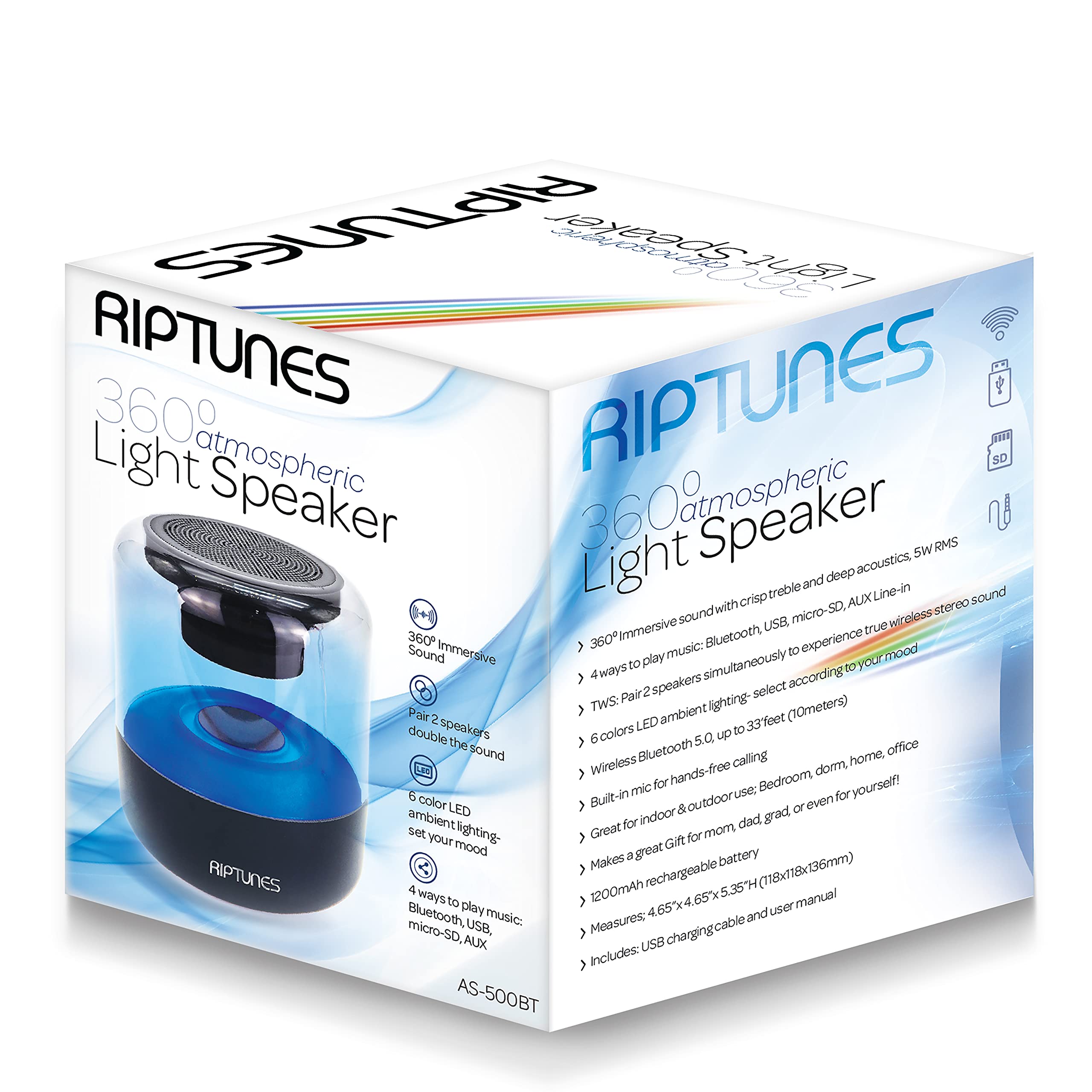 Riptunes 360° Portable Atmospheric Light Bluetooth Speaker, 6 LED Color Lights, Wireless Stereo Speaker, Built-in Mic, Perfect for Dorm/Home/Office/Outdoor