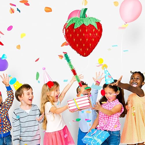 Miniatura 7 de Sotiff Piñata de fresa de 17 pulgadas con máscara de ojos de palo para niños y niñas, fiesta de fresa, fruta temática de verano, fiesta de