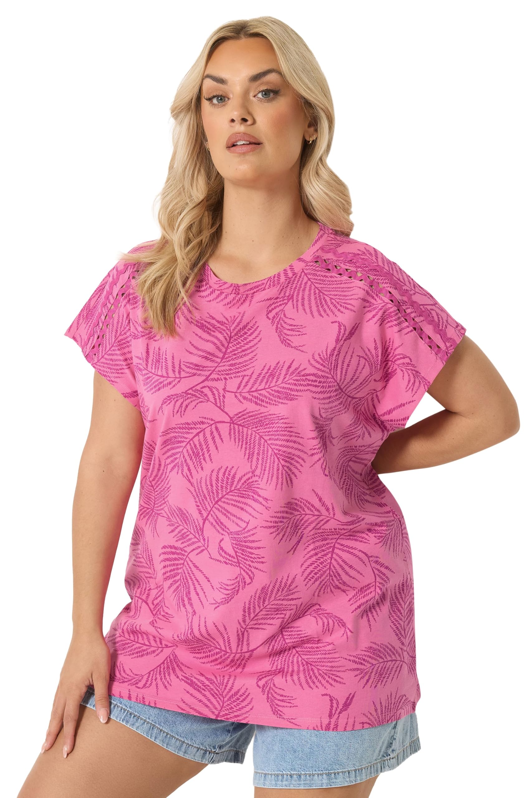Yours Women's Bright Pink Palm Tree Trim Detail T-Shirt In Size 18