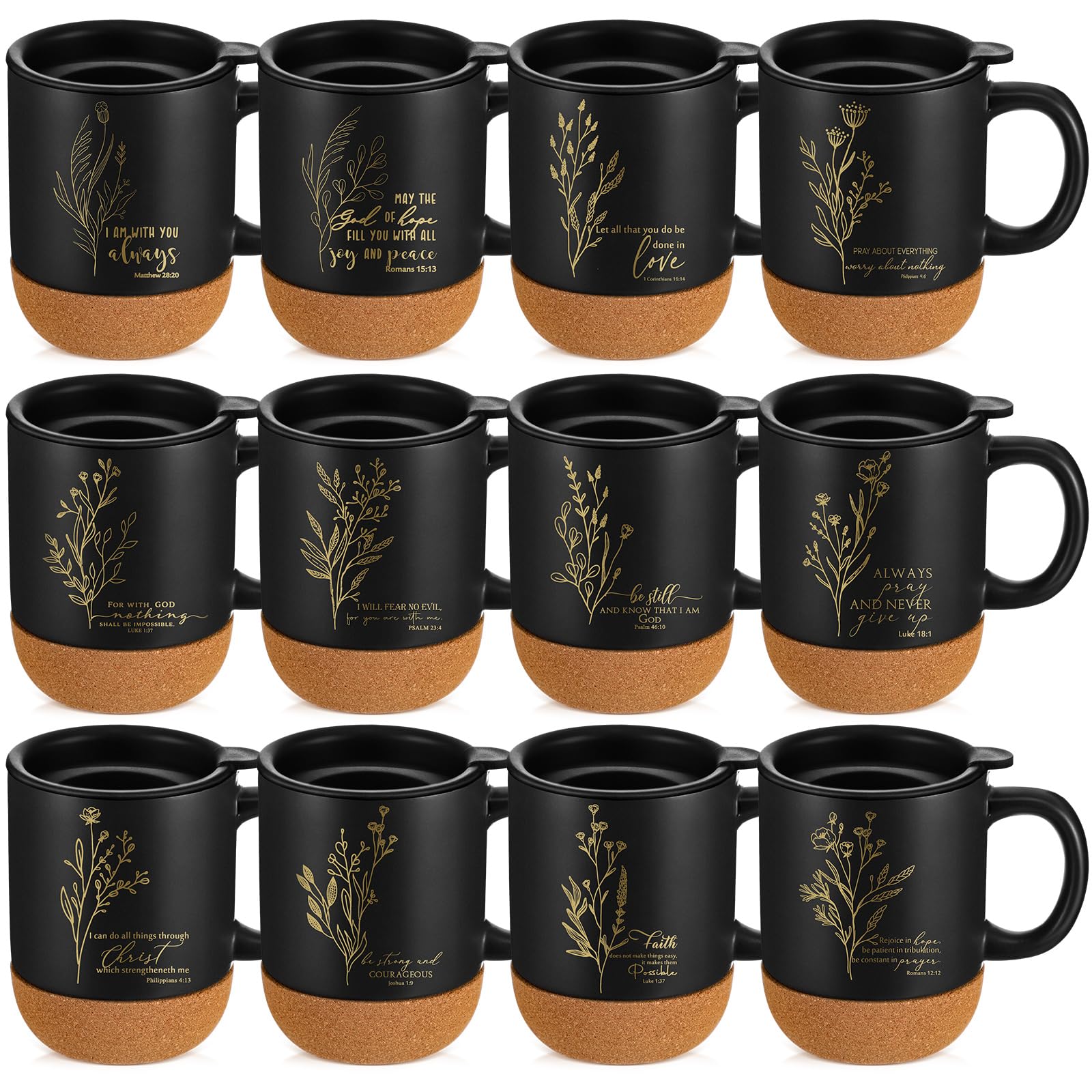 FillTouch 12 Pcs Christian Coffee Mugs 15 oz Religious Cup Cork Bottom Coffee Mug with Verse Employee Appreciation Gifts for Women Men Coworker Staff