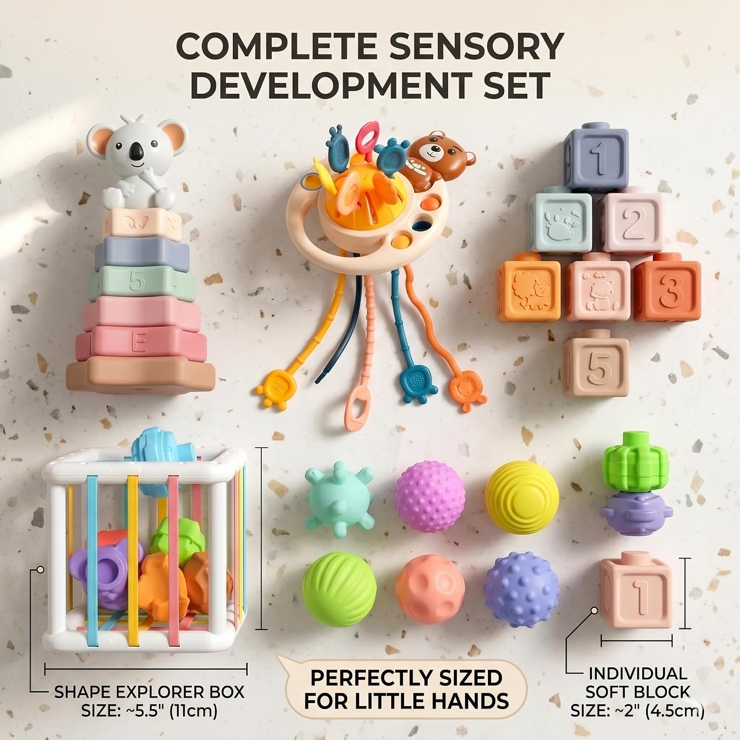 Baby Montessori Sensory Toys 6 to 12 Months, Travel Stroller Infant Toy | 6-in-1 Pull String Activity Toy, Koala Stacker, Soft Blocks, Shape Sorter Developmental Gift for 6-36 Months Boys & Girls