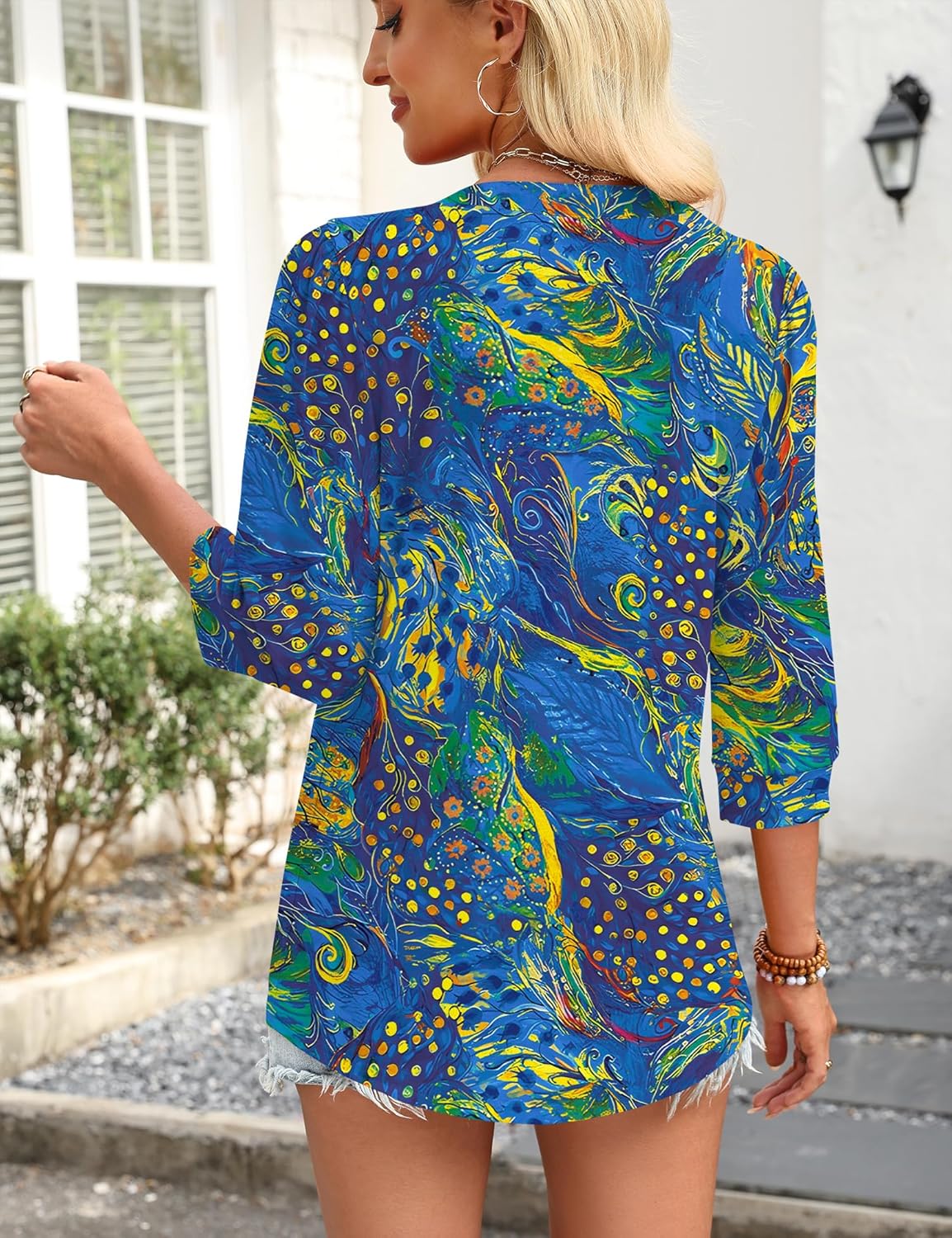 LOMON 3/4 Length Sleeve Womens Tops Pleated Puff Sleeve V Neck Work Blouses for Women Dressy Casual Spring Summer Clothes - Image 3