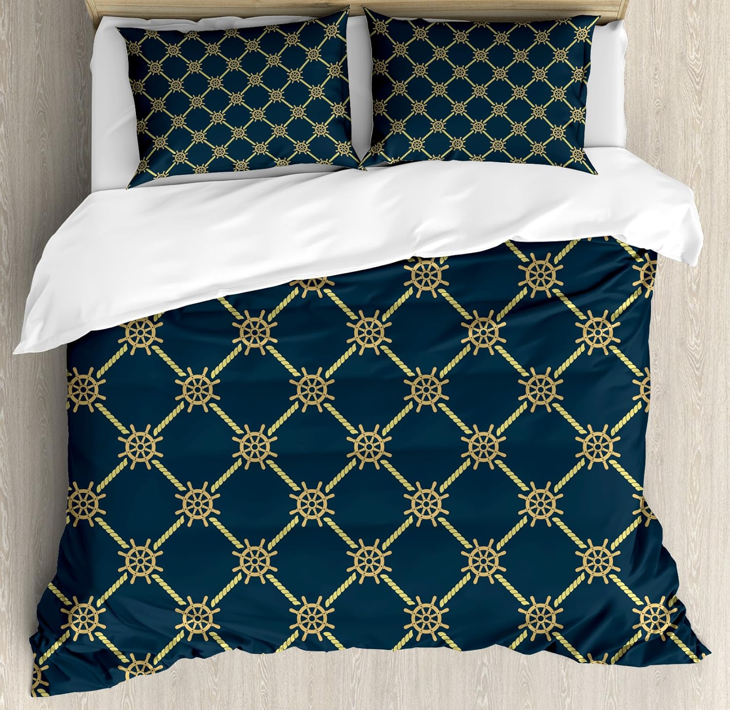 Lunarable Ship's Wheel Duvet Cover Set, Ropes and Helms Nautical Checkered Pattern Sailing Illustration, Decorative 3 Piece Bedding Set with 2 Pillow Shams, Queen Size, Petrol Blue Pale Yellow