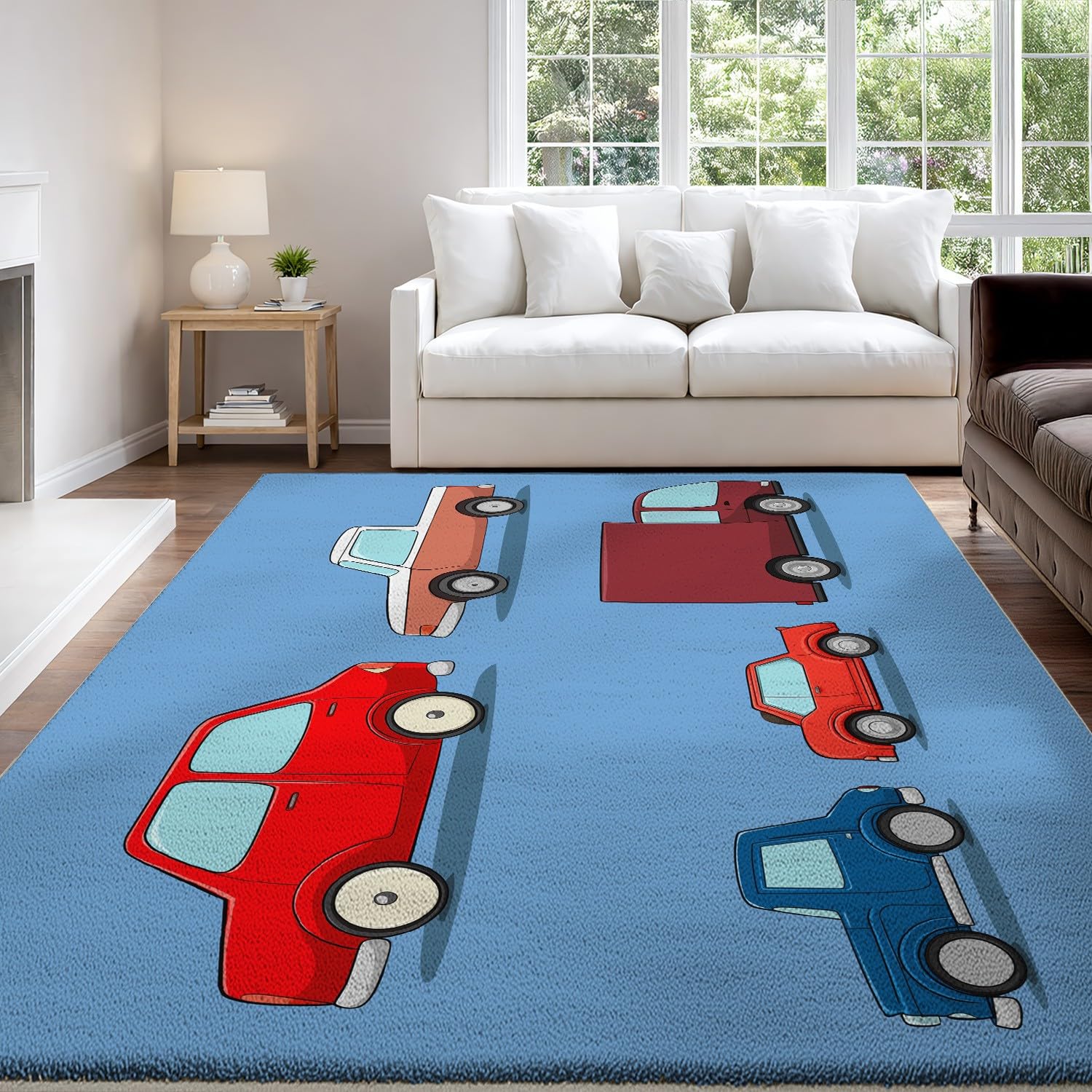 Tapis salon 160 x 230 cm multicolore à poil ras avec motif camion et voiture pour enfant
