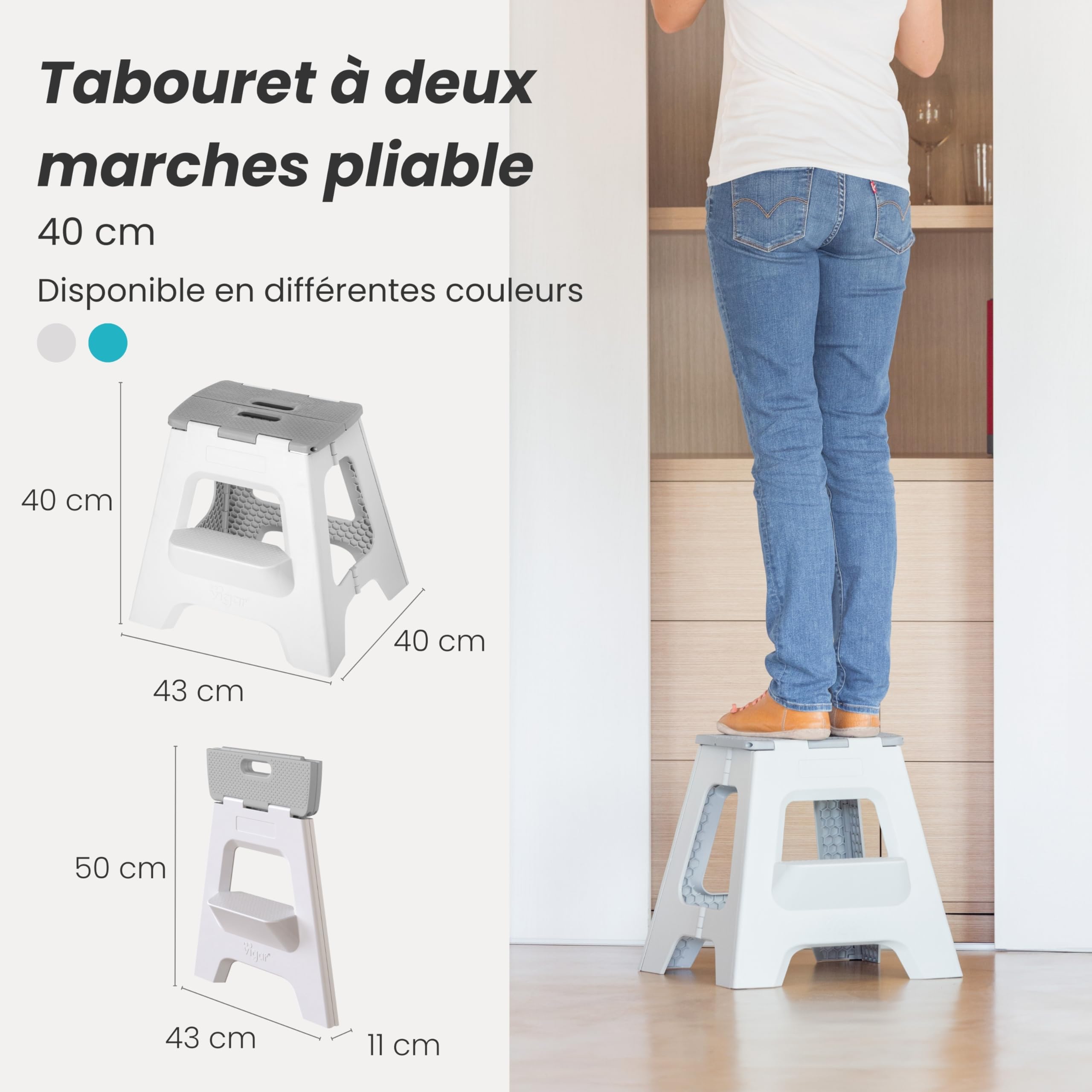 Vigar Compact Tabouret Pliant pour Adultes, 40 cm Marche Pied Pliable 2 Marches, Antidérapant Escabeau pour Salle de Bain, Toilette, Jardinage, Kitchen, House, Bureau, Supporte jusqu'à 150 kg, Gris
