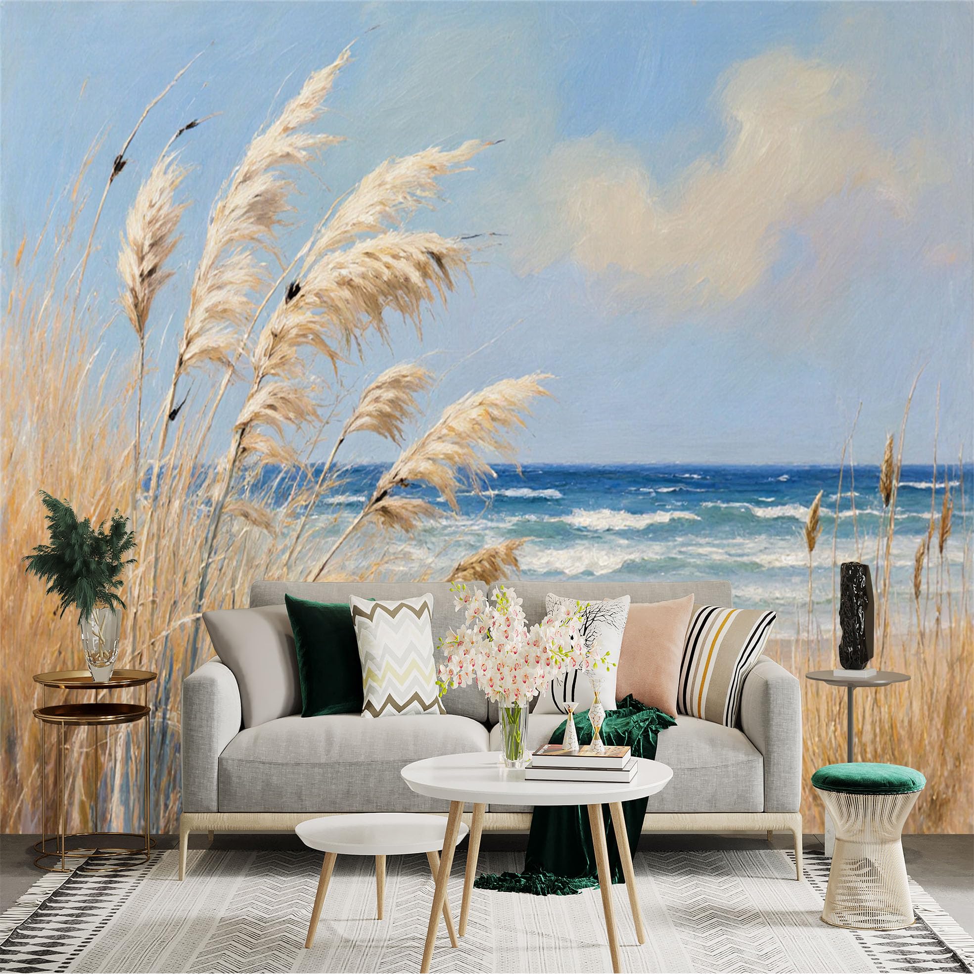 Lnzczhyre Xc260505740 Custom Size Wall Sticker Mural， Impressionist Seascape， Golden Reeds On Sandy Beach， Coastal Ocean View， Peaceful Nature Scenery， For Wall Decoration， Peelandstick Wall Decals.