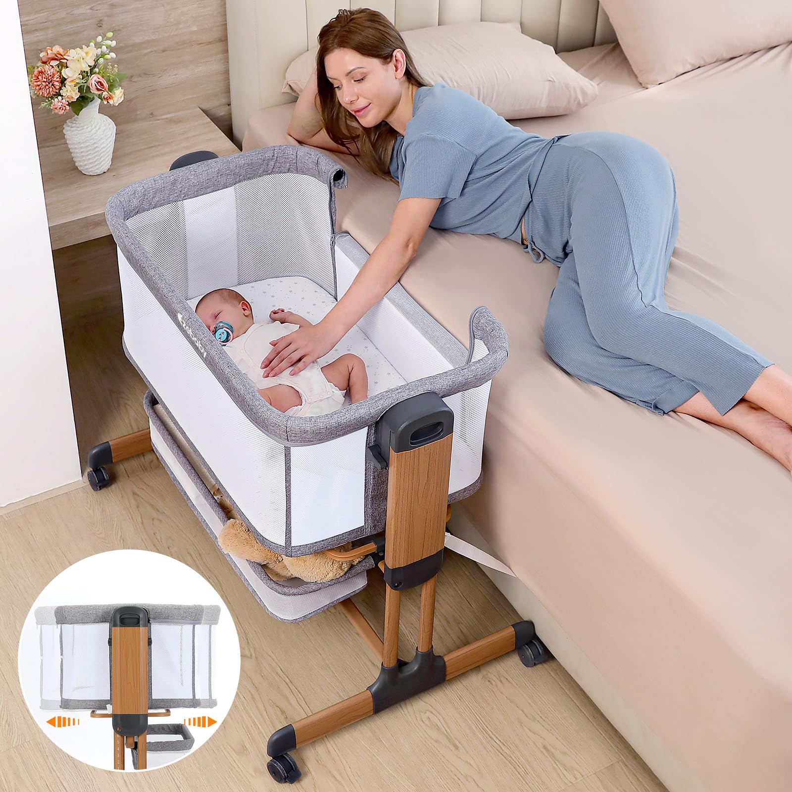 Ezebaby Cuna de Colecho para Bebé 3 en 1,Moisés Balancín,Mecedora para Recién Nacidos para el Hogar y Viajes con Ruedas Ajustables en 7 Alturas (Veta de Madera)