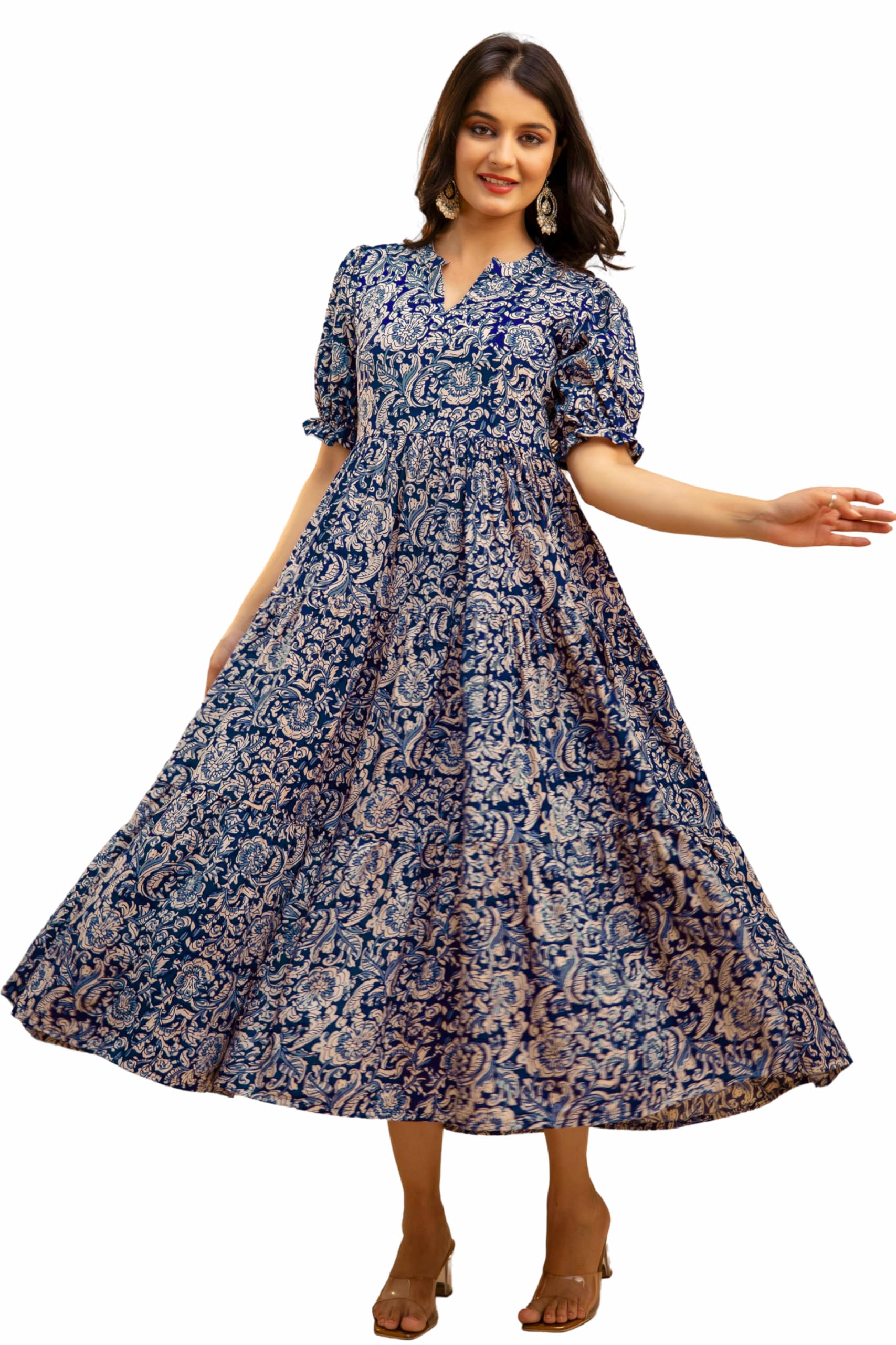 presha Women's Fit and Flare Pure Cotton Long Maxi Dress (SP-11 Blue05)-picture-54