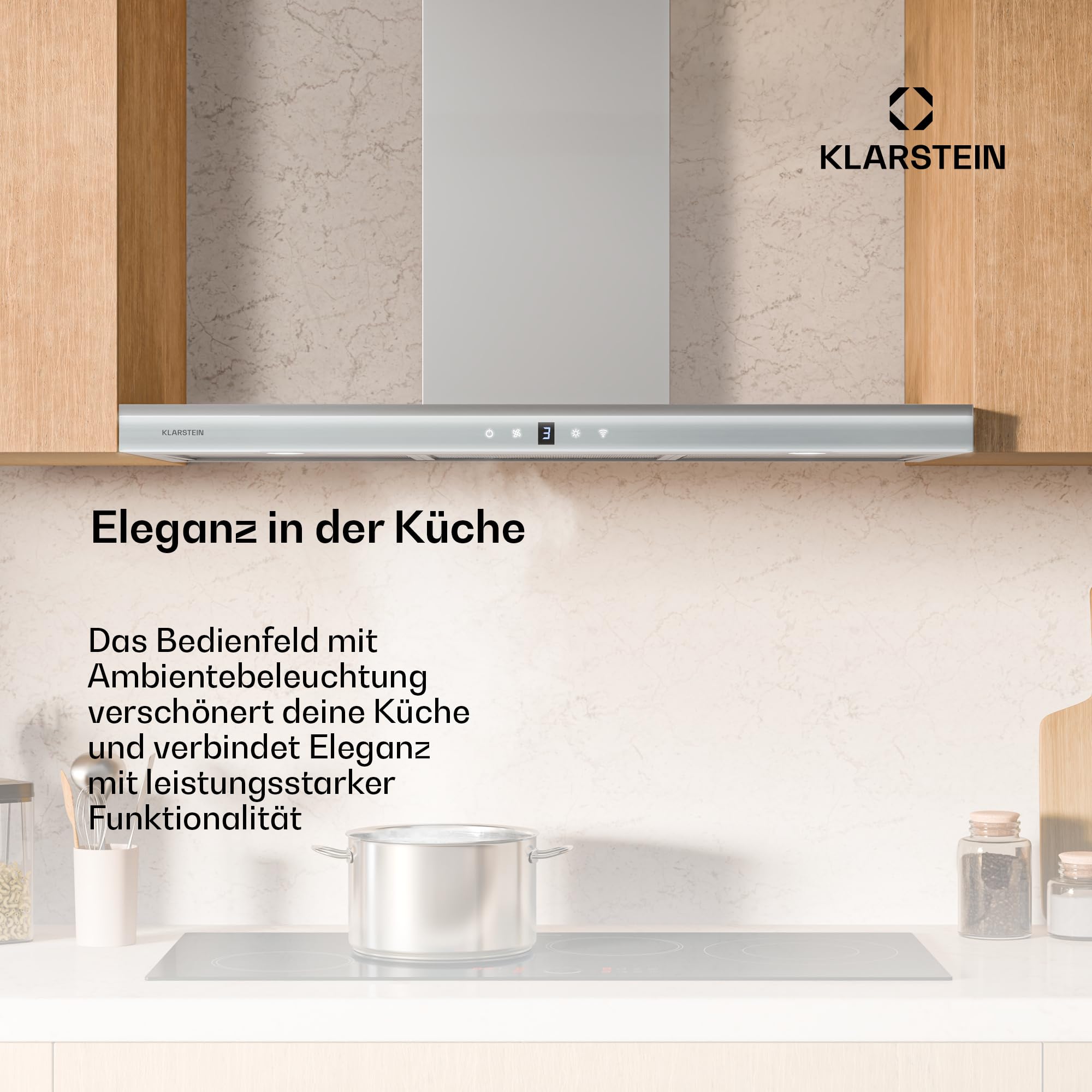 Klarstein Auriana Dunstabzugshaube - 90 cm Wandhaube, 700 m³/h Luftdurchsatz, A+ Energieeffizienz, WLAN- & Touch-Steuerung, LED-Beleuchtung 6000 K, 110 W Motor, Schwarz