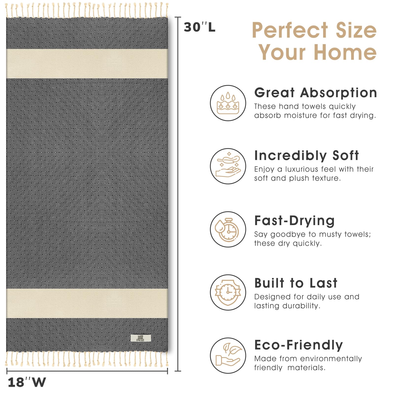 EPHESUS TOWELS Juego de 2 toallas de mano | 18 x 40 pulgadas - Algodón turco - Toalla de mano turca decorativa para baño, cocina, invitados, cara, cabello, té, paño de cocina (diamante, negro)