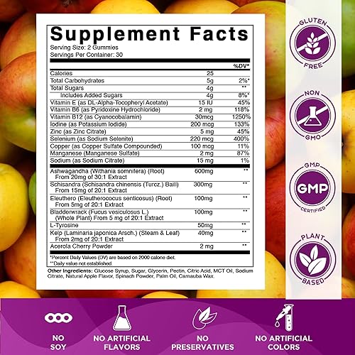 Miniatura 2 de Vitamatic Paquete de 2 gomitas veganas de apoyo a la tiroides con yodo y algas, 60 unidades, a base de plantas, apoya la energía y el metabolismo